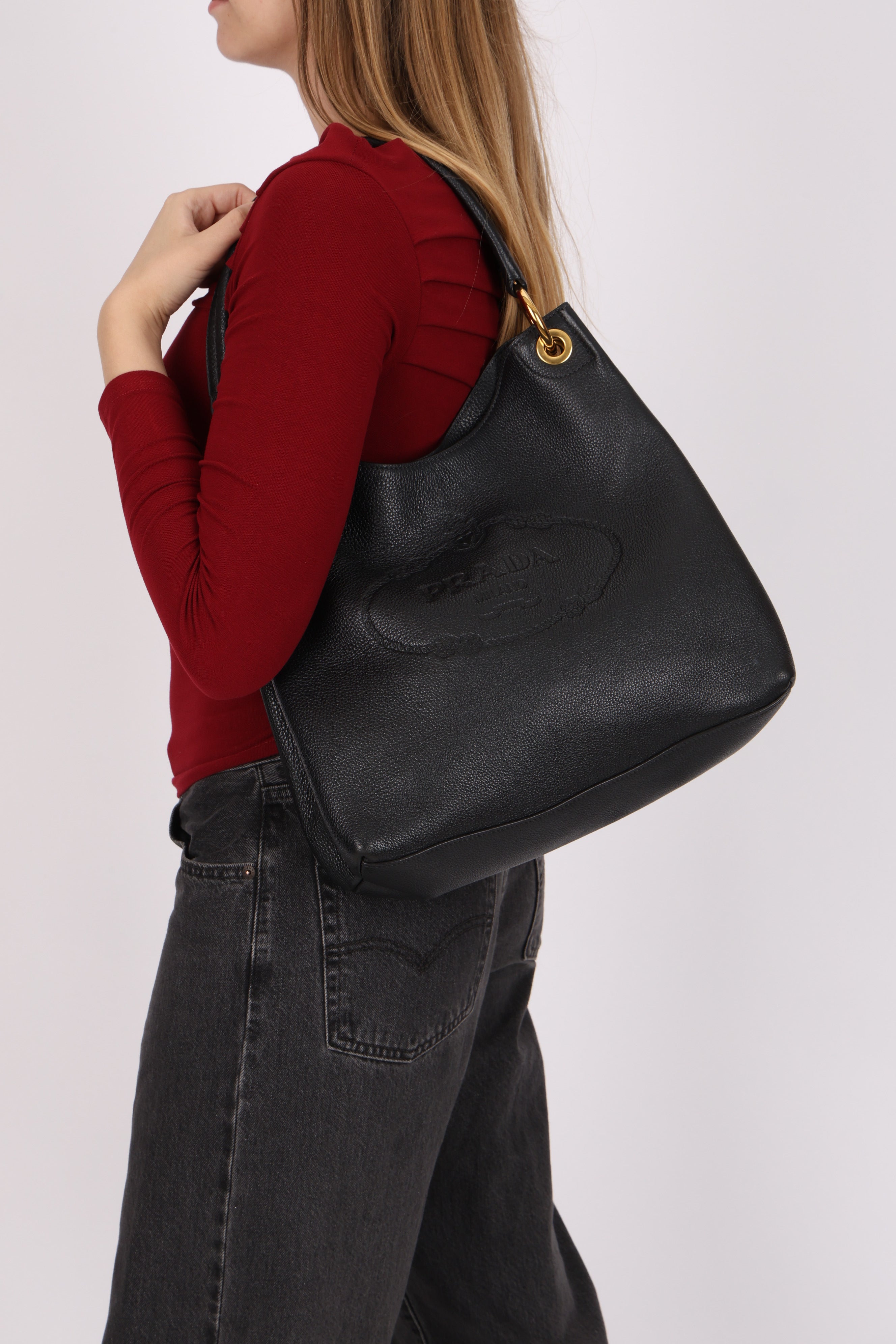 Prada Vitello Phenix Embossed Logo Hobo