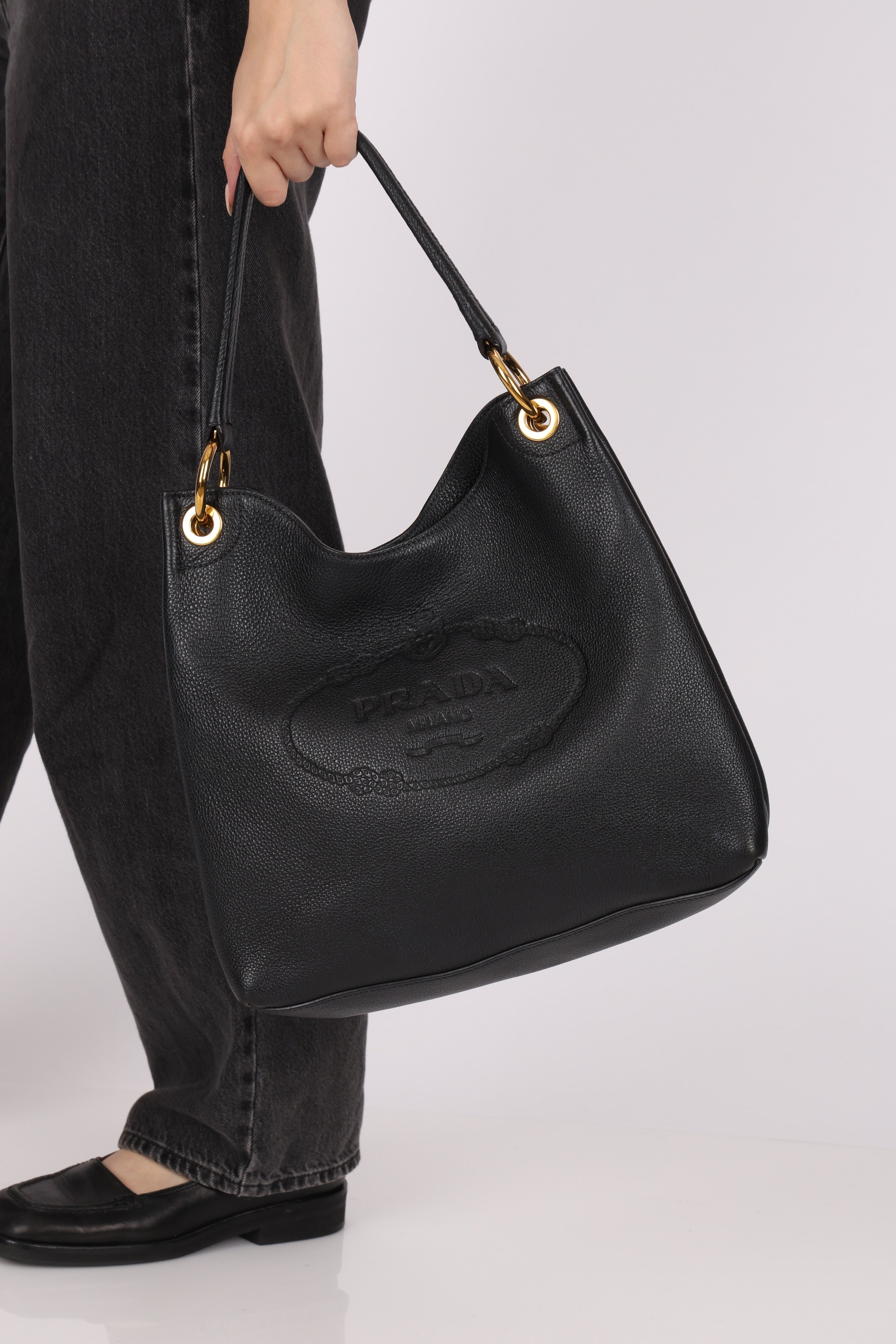 Prada Vitello Phenix Embossed Logo Hobo