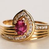 1980s - 1990s 18K Yellow Gold Ruby and Diamond Wrap Solitaire Ring, Size US 6.5