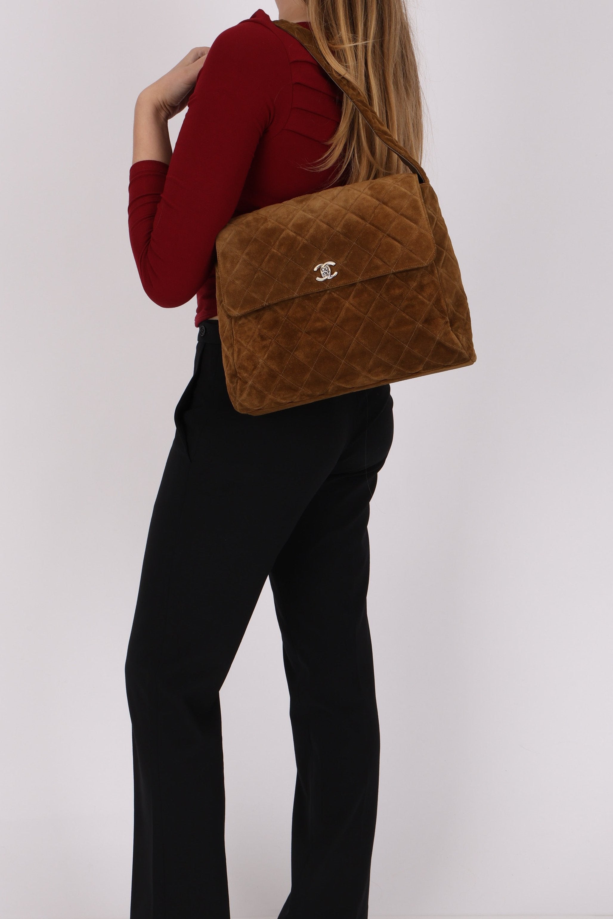 Chanel Kelly Shoulder Bag Brown Suede SHW