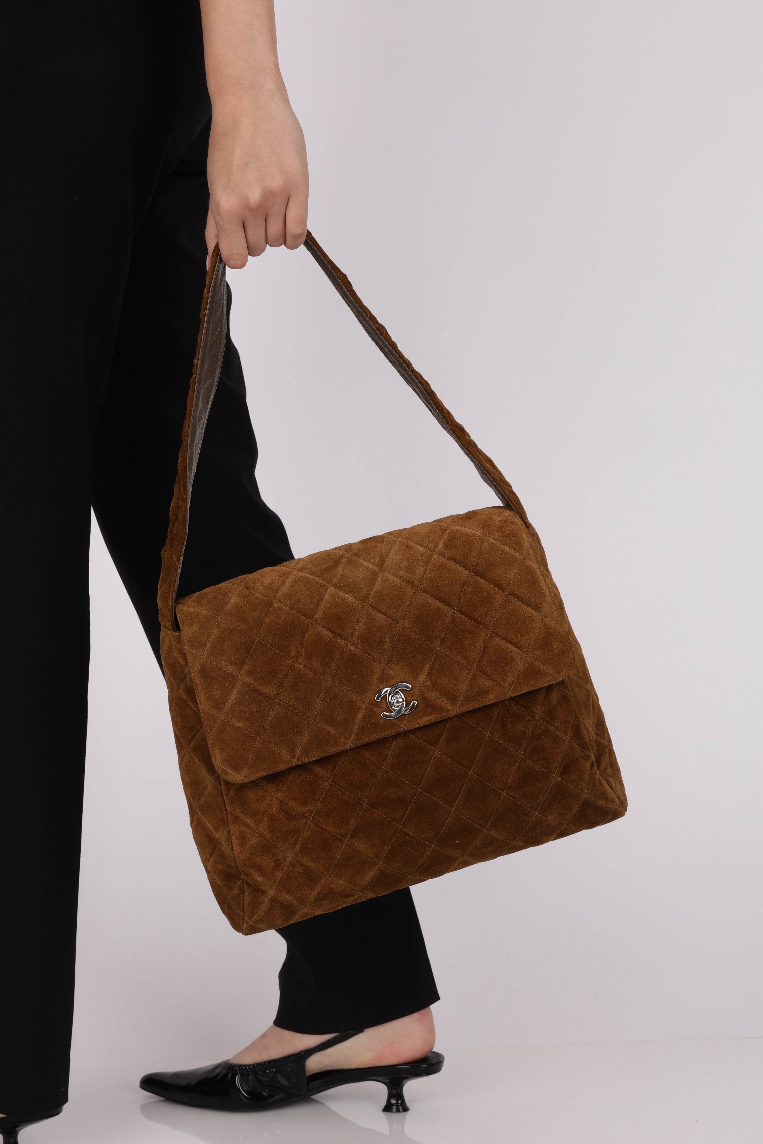 Chanel Kelly Shoulder Bag Brown Suede SHW