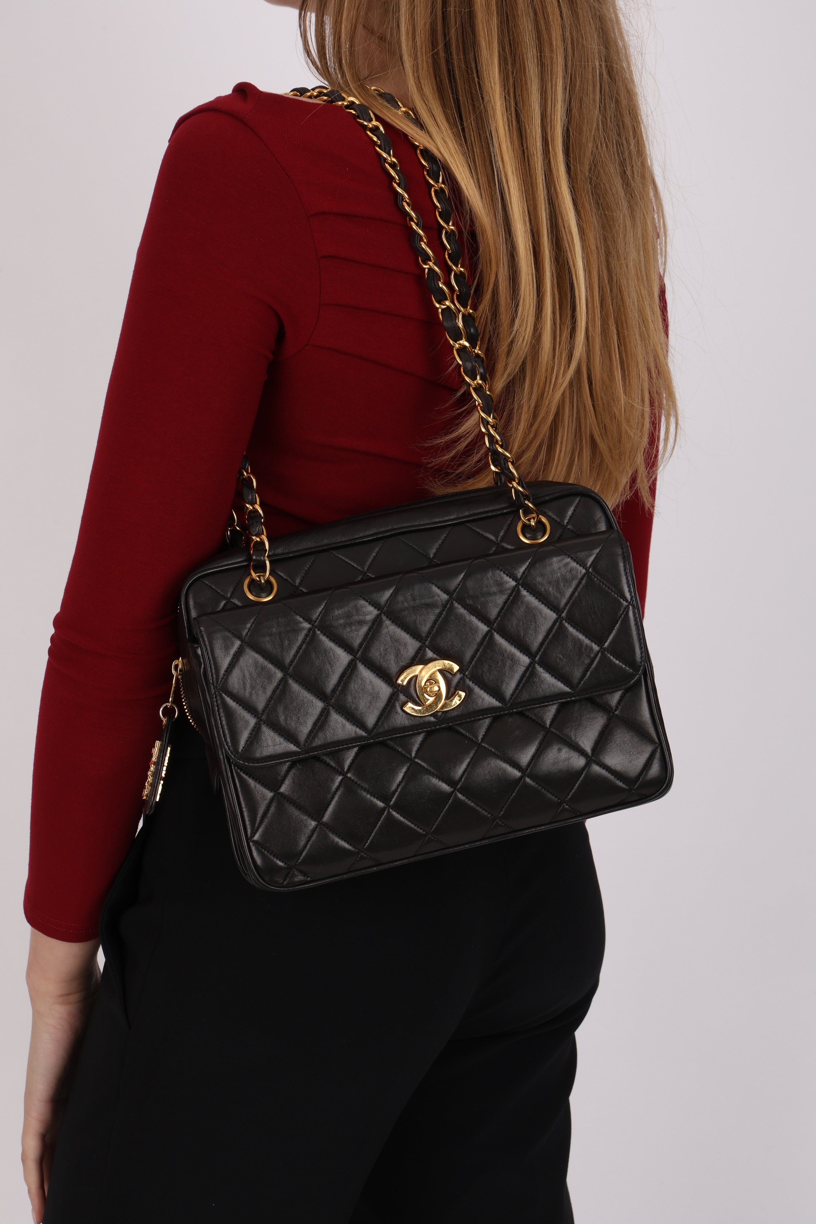 Chanel Turnlock Front Pocket Camera Bag Black Lambskin 24K GP