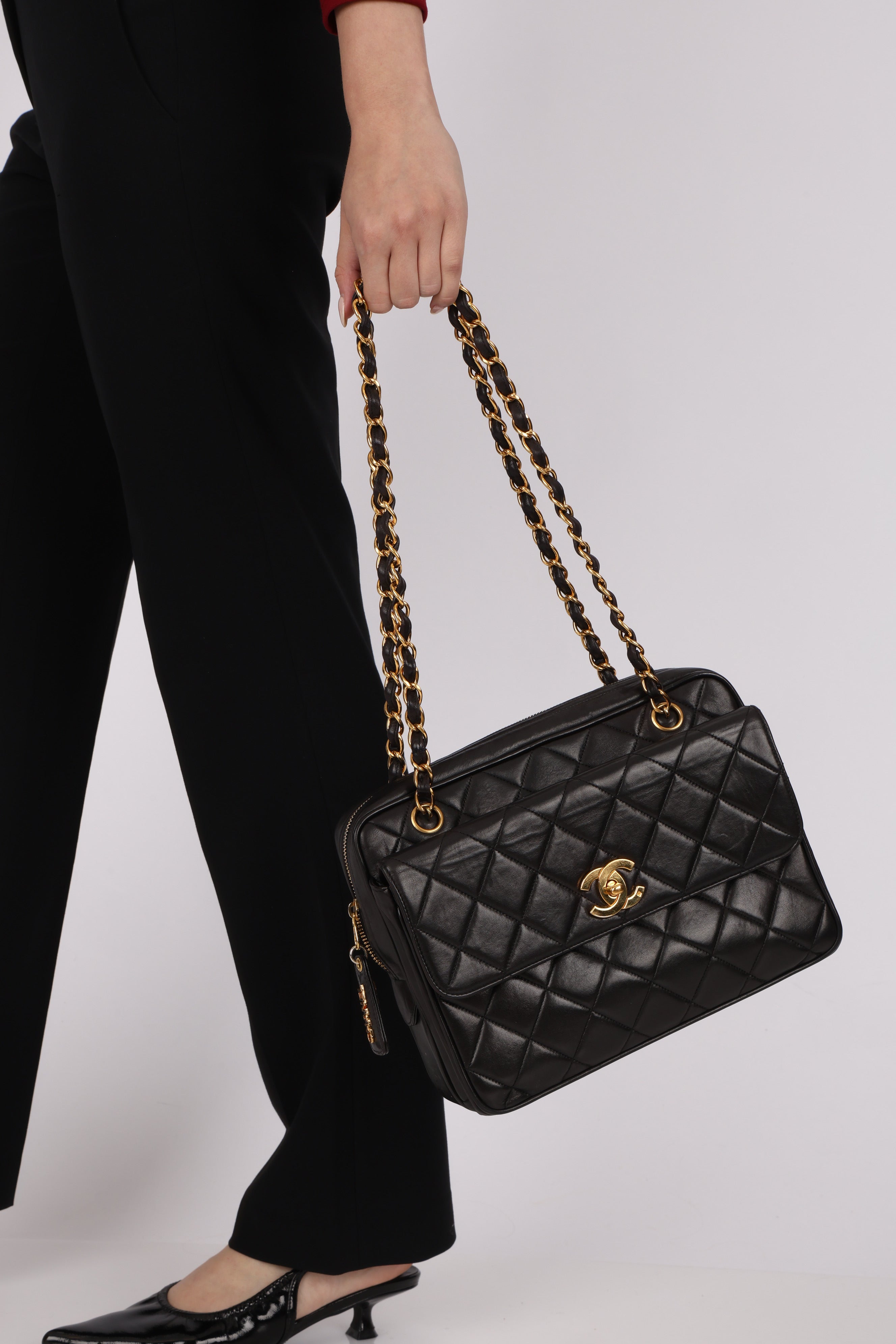 Chanel Turnlock Front Pocket Camera Bag Black Lambskin 24K GP