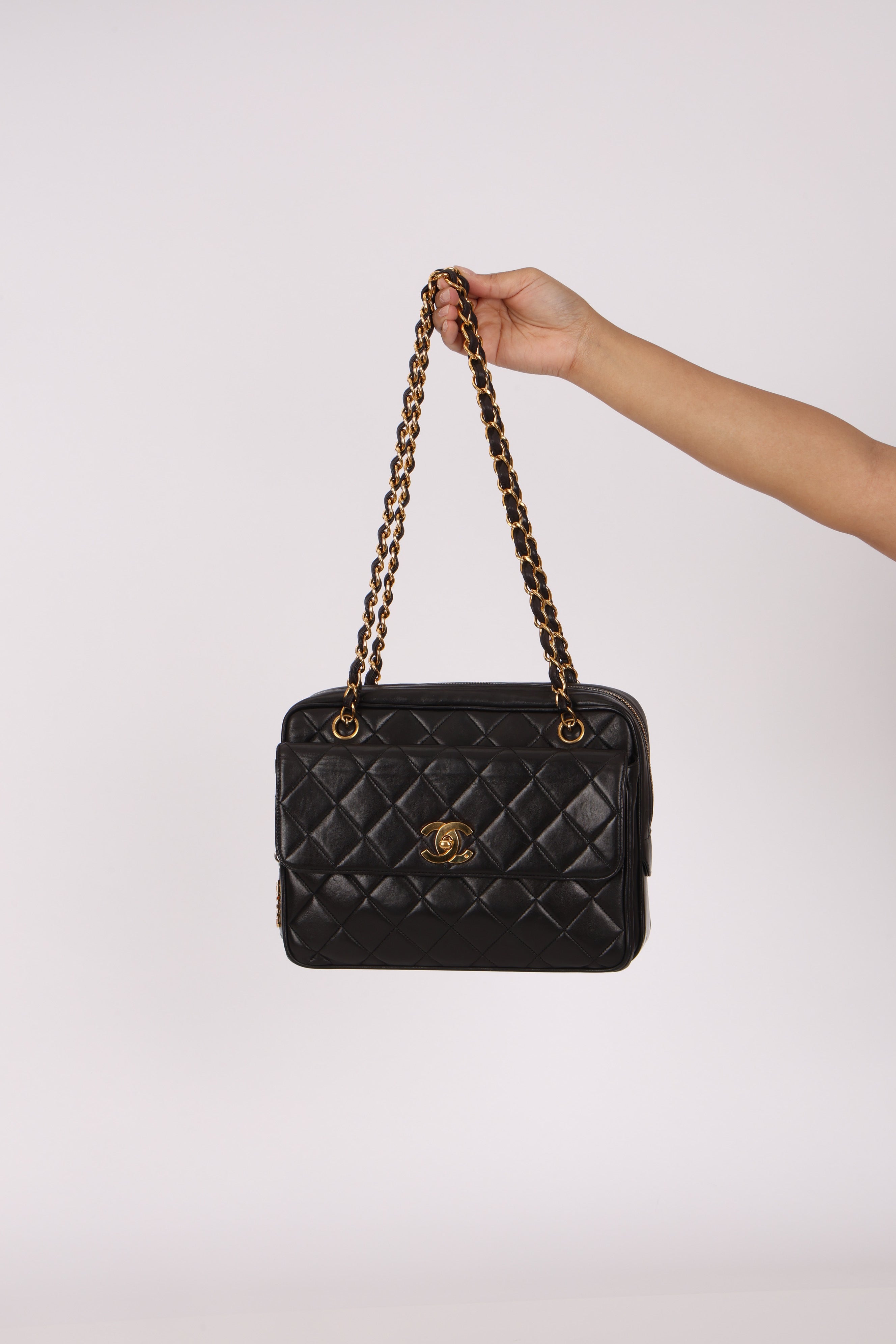 Chanel Turnlock Front Pocket Camera Bag Black Lambskin 24K GP