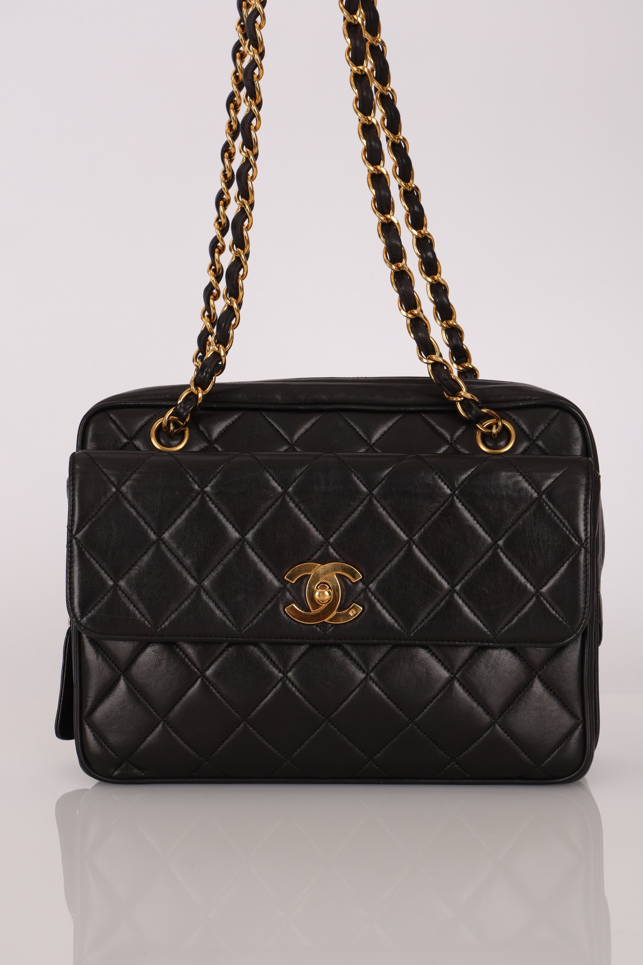 Chanel Turnlock Front Pocket Camera Bag Black Lambskin 24K GP