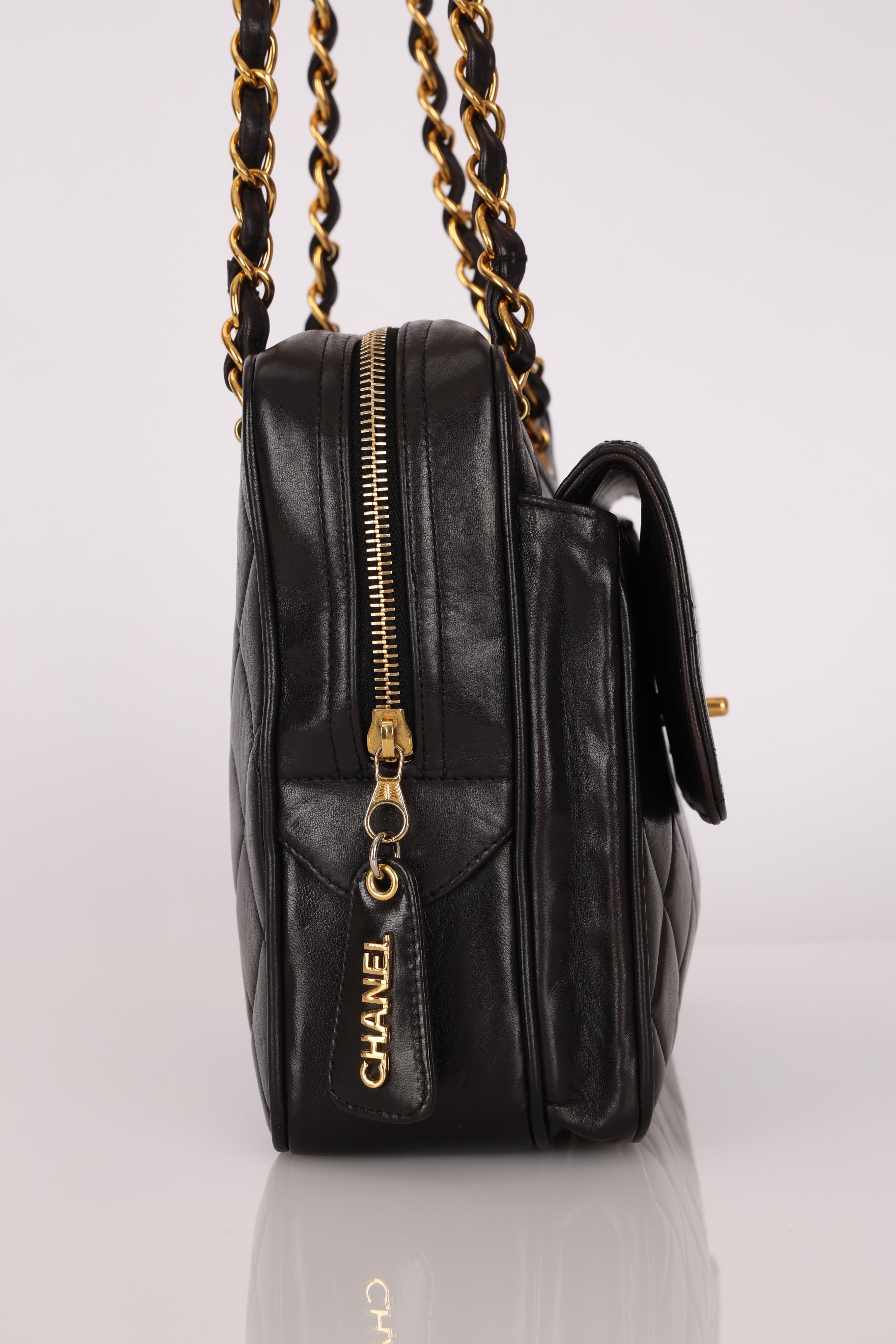 Chanel Turnlock Front Pocket Camera Bag Black Lambskin 24K GP