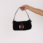 Fendi Double Flap Baguette Bag Black Suede GHW