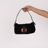 Fendi Double Flap Baguette Bag Black Suede GHW