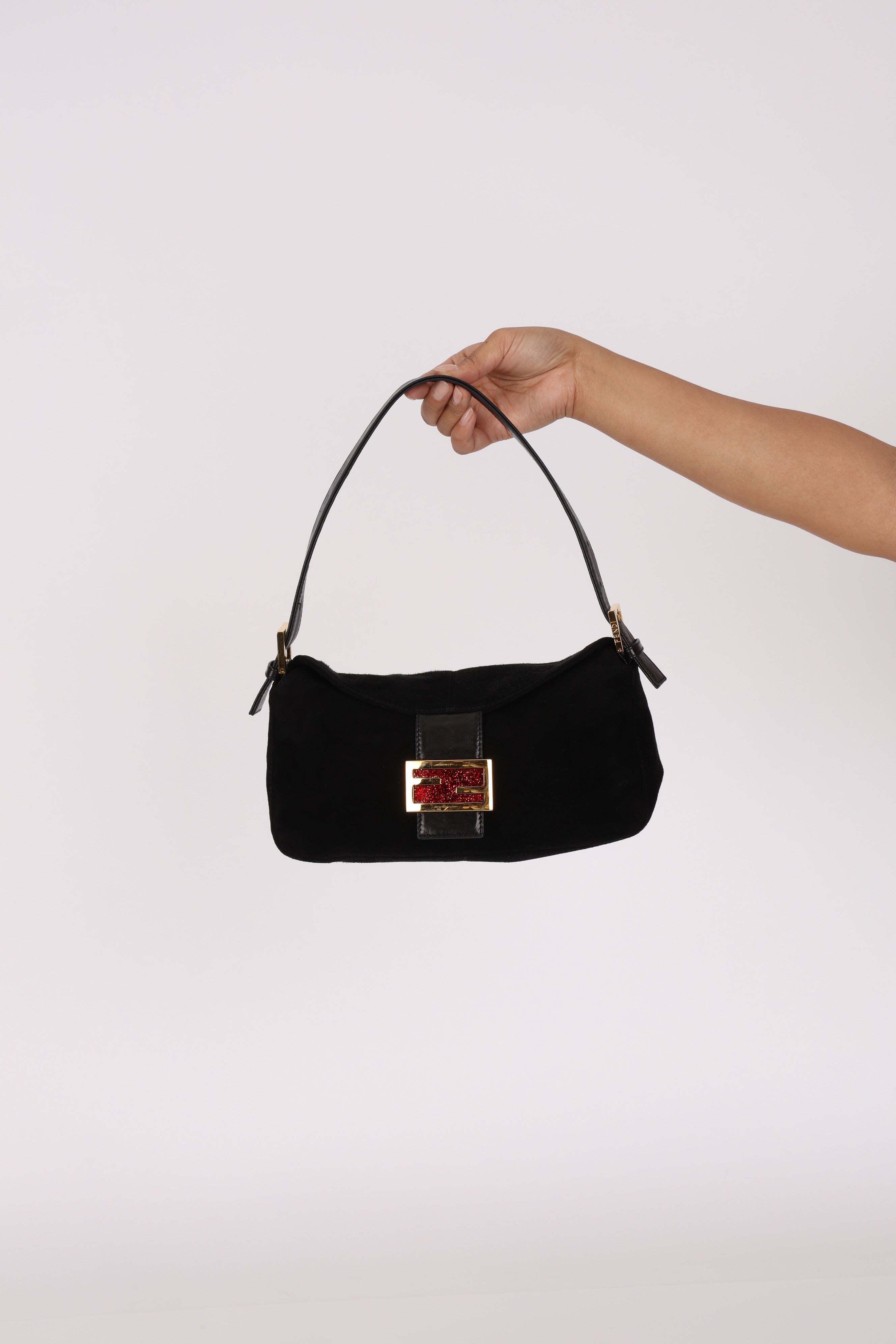 Fendi Double Flap Baguette Bag Black Suede GHW