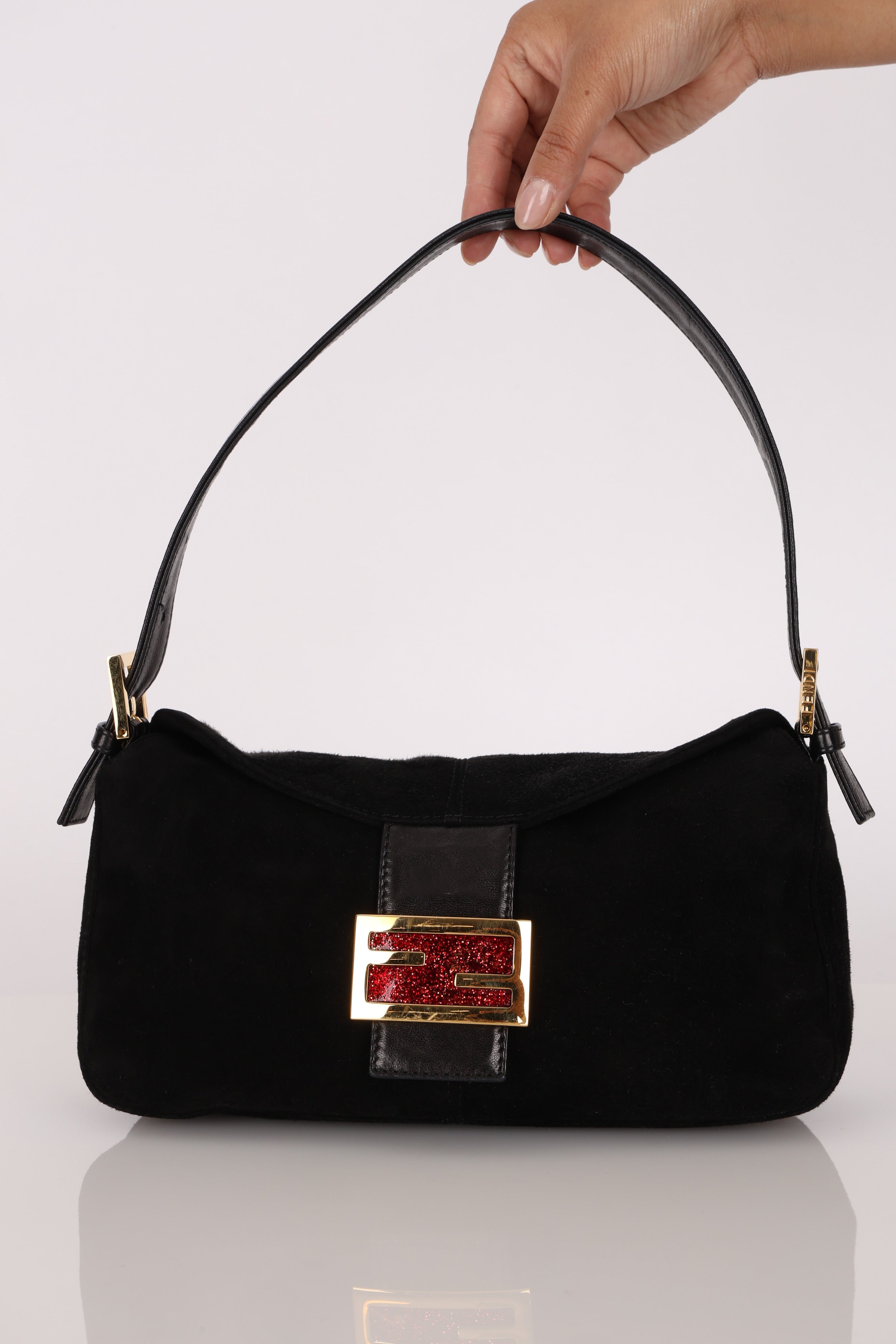 Fendi Double Flap Baguette Bag Black Suede GHW