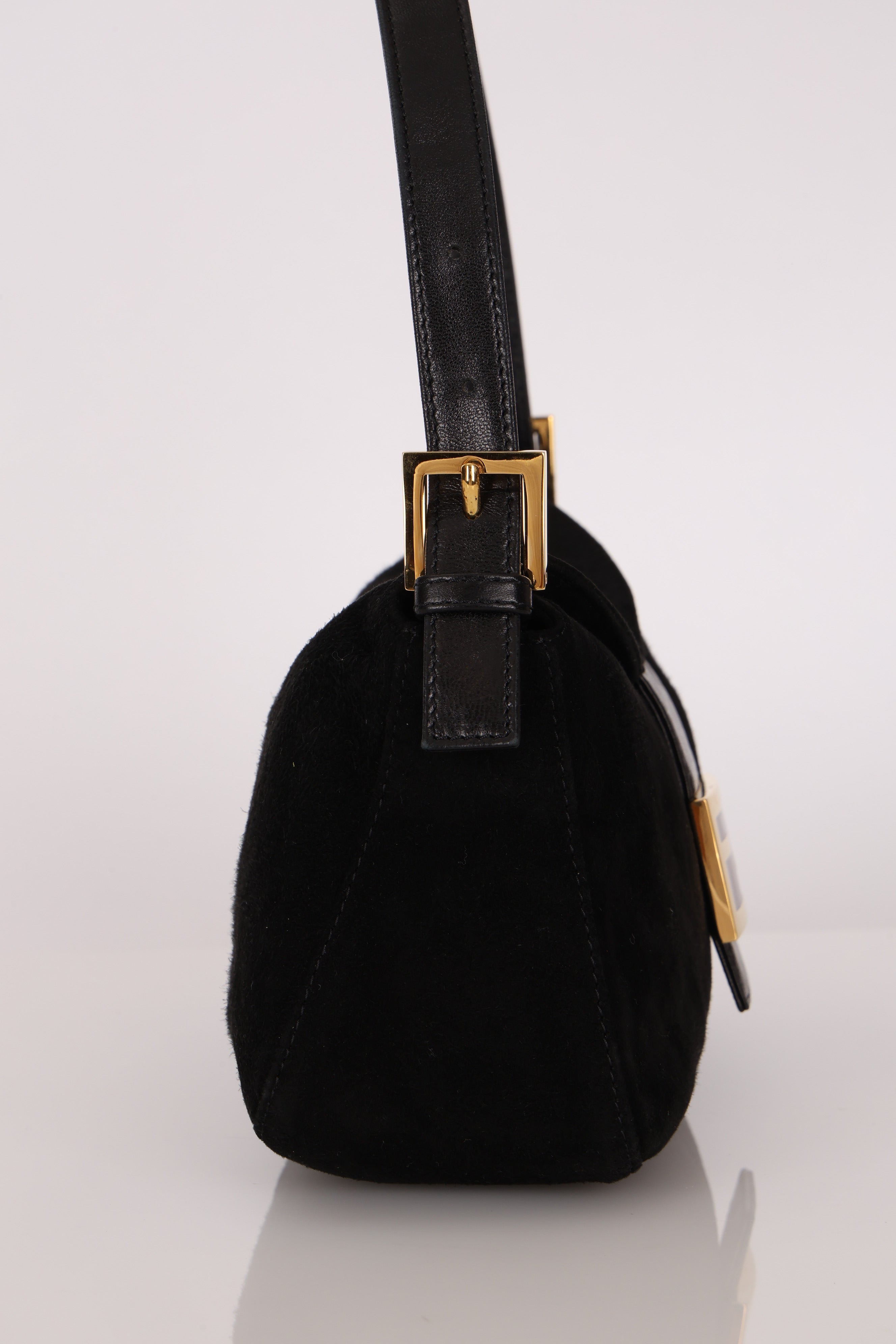 Fendi Double Flap Baguette Bag Black Suede GHW
