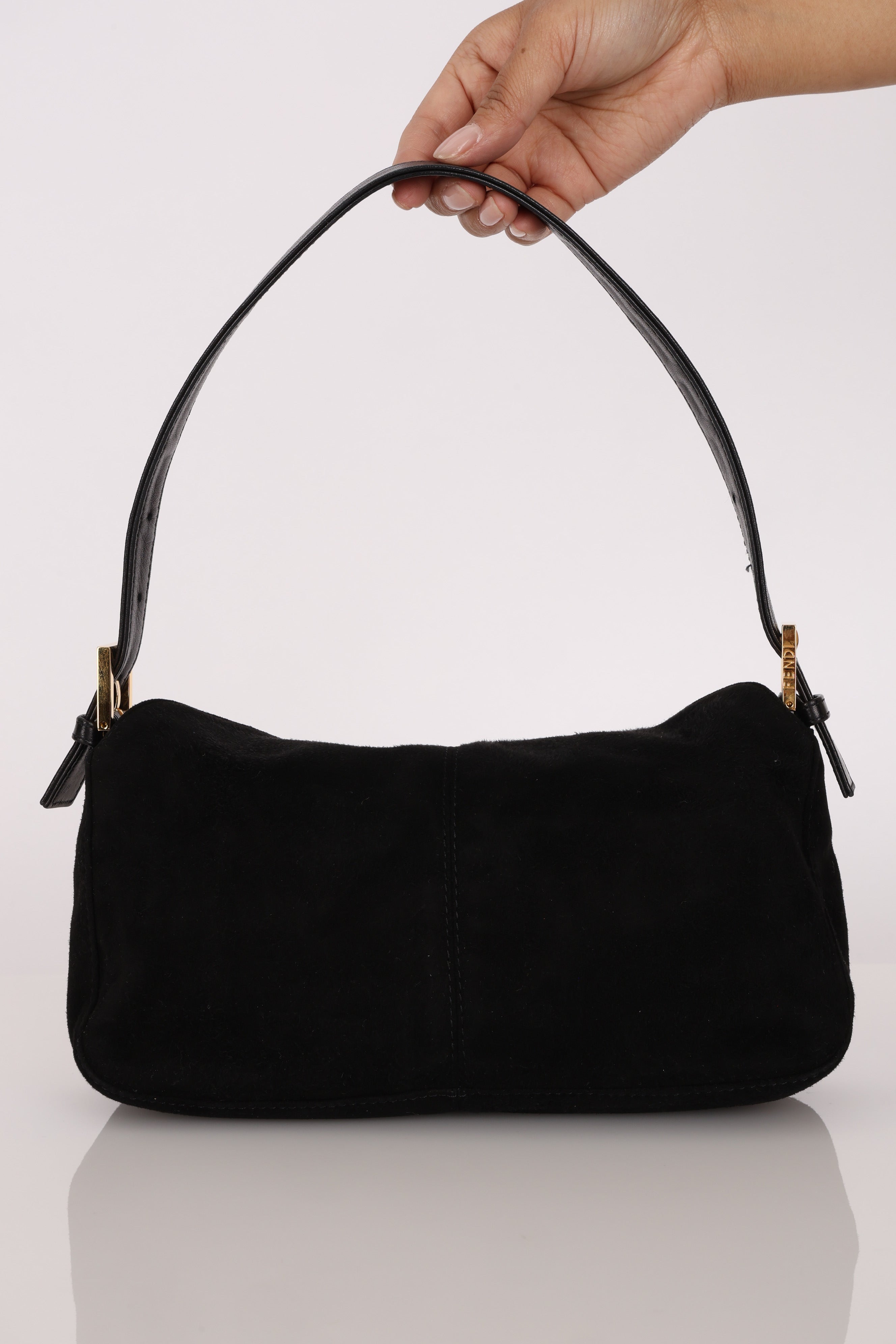 Fendi Double Flap Baguette Bag Black Suede GHW