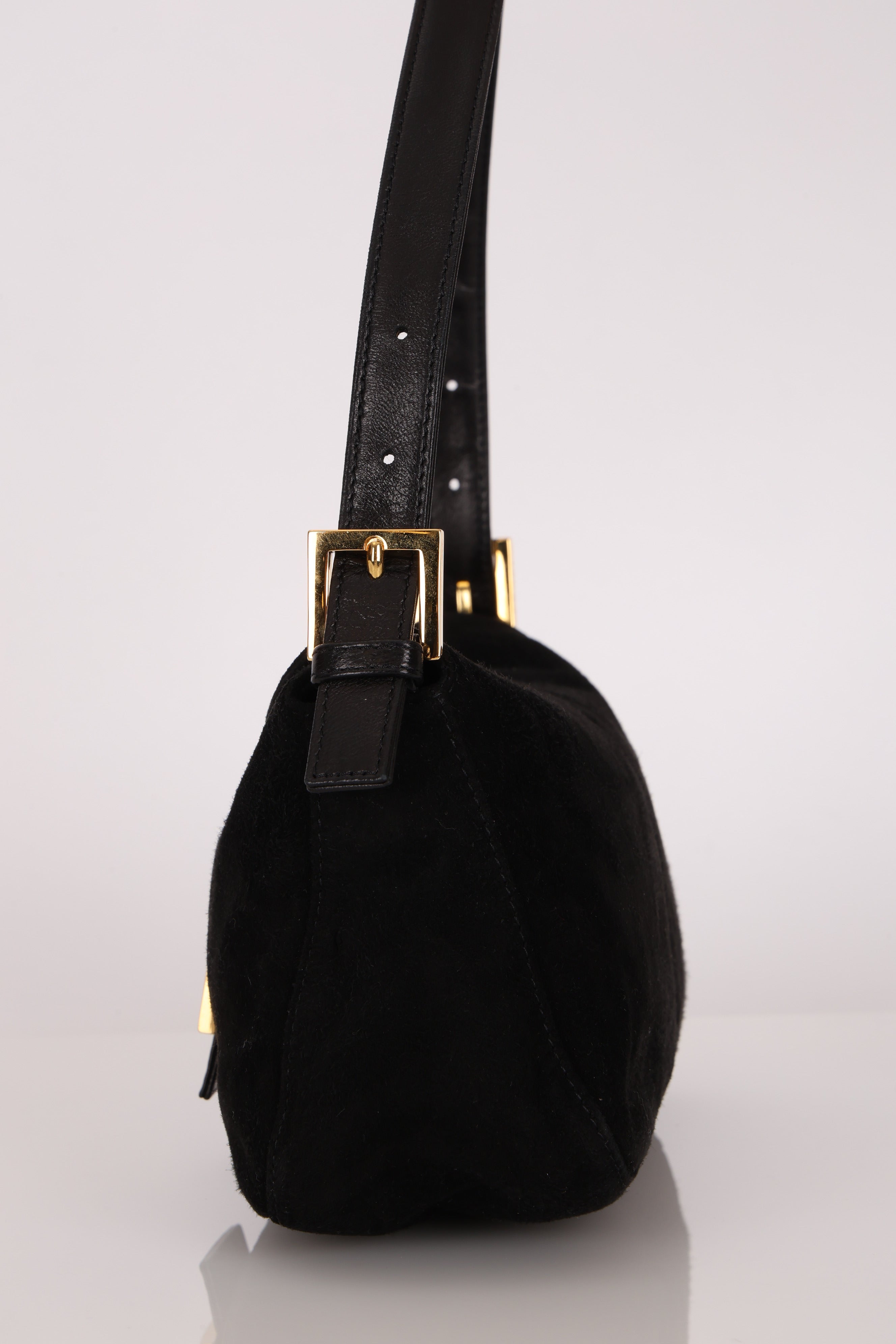 Fendi Double Flap Baguette Bag Black Suede GHW