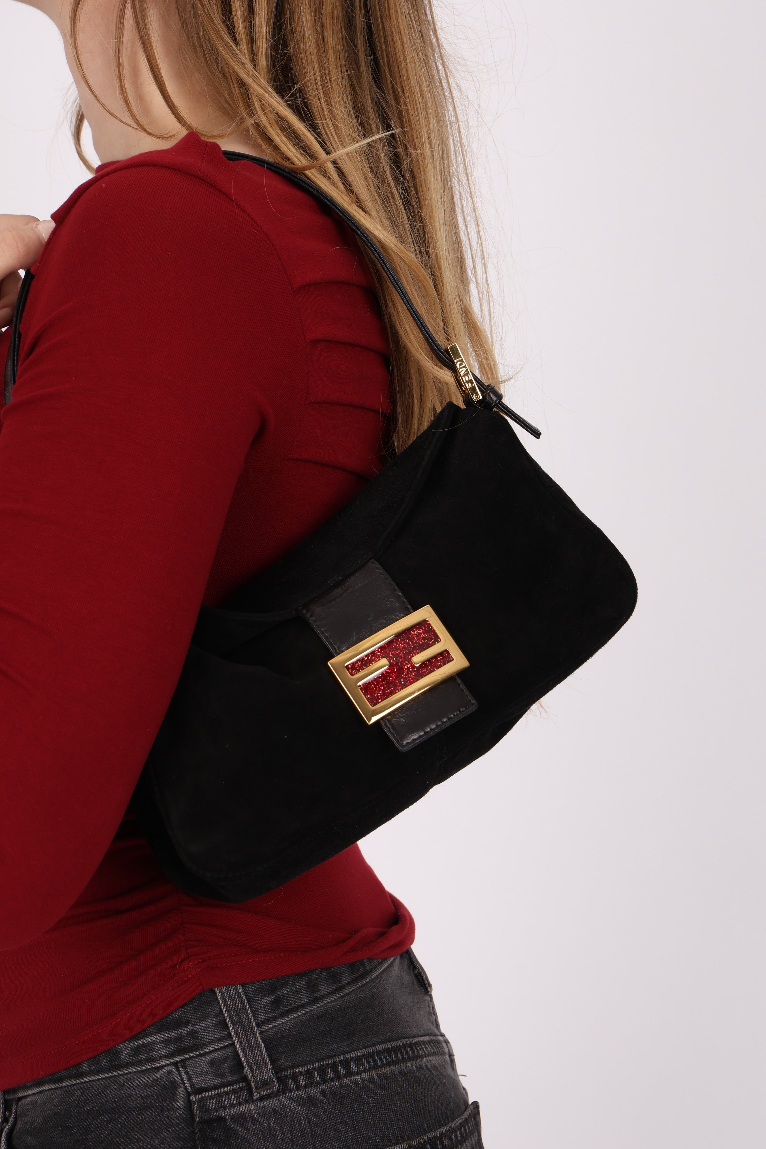 Fendi Double Flap Baguette Bag Black Suede GHW