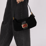 Fendi Double Flap Baguette Bag Black Suede GHW