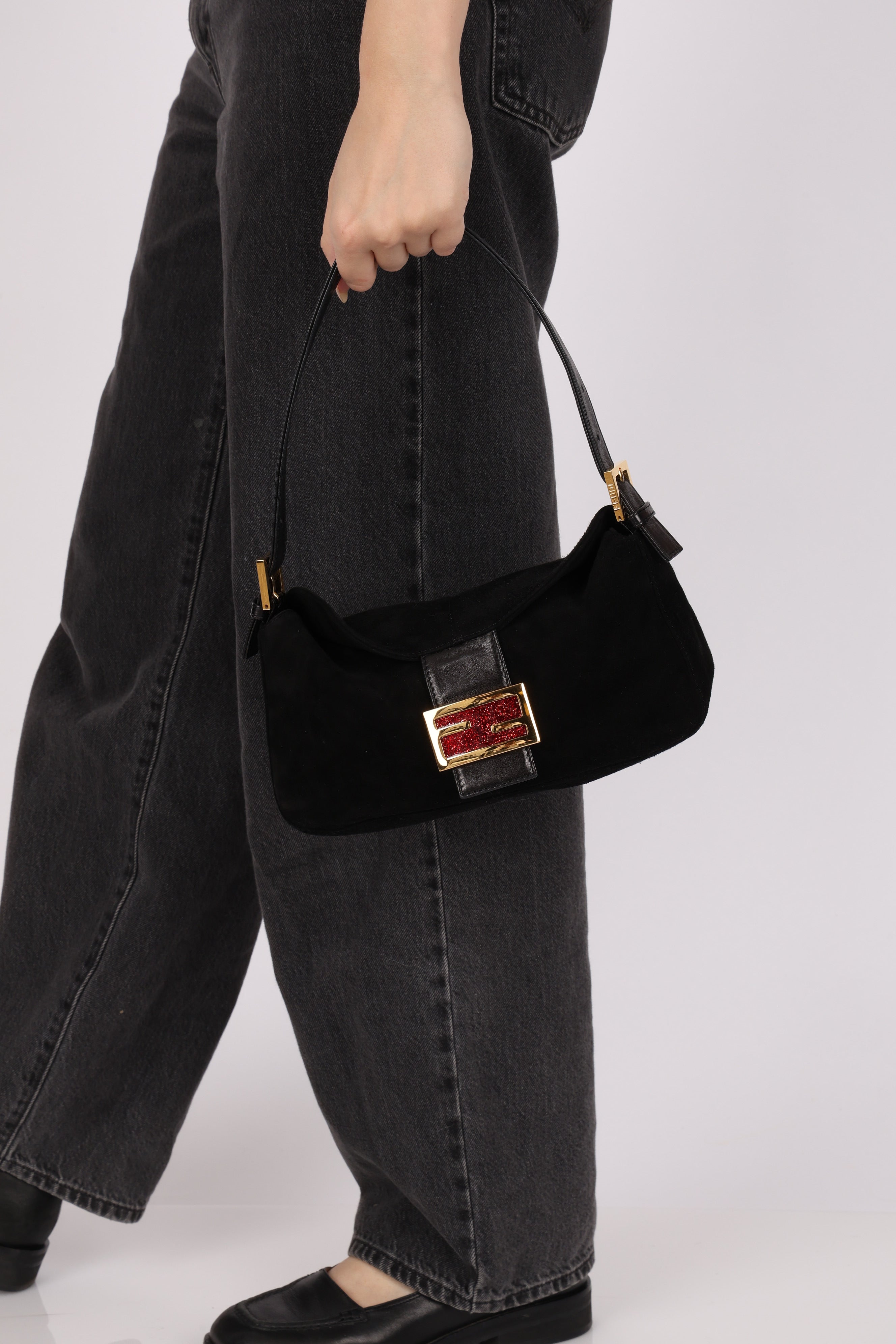 Fendi Double Flap Baguette Bag Black Suede GHW