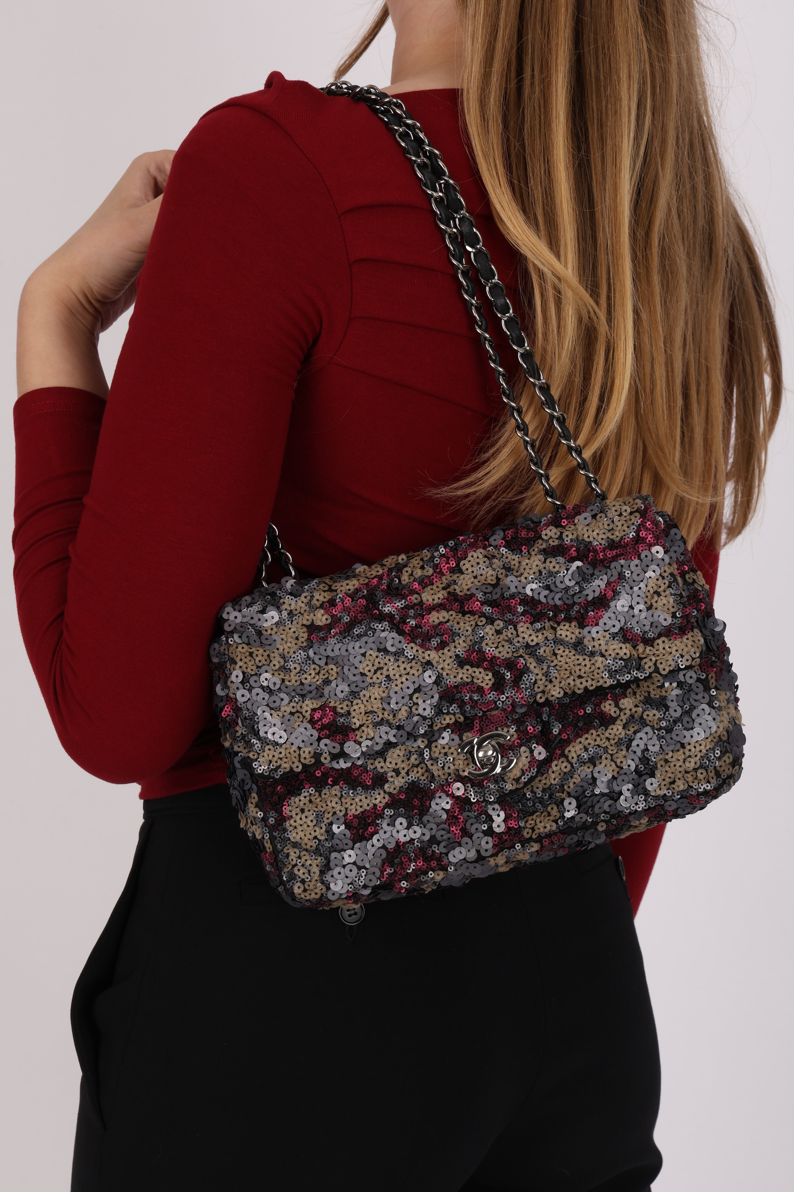 Chanel Medium Single Flap Sequin and Black Lambskin SHW