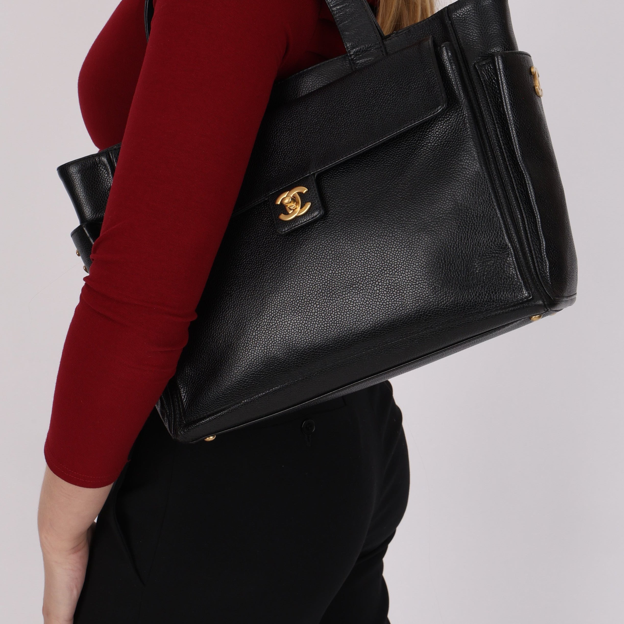 Chanel Turnlock Front Pocket Tote Black Caviar AGHW