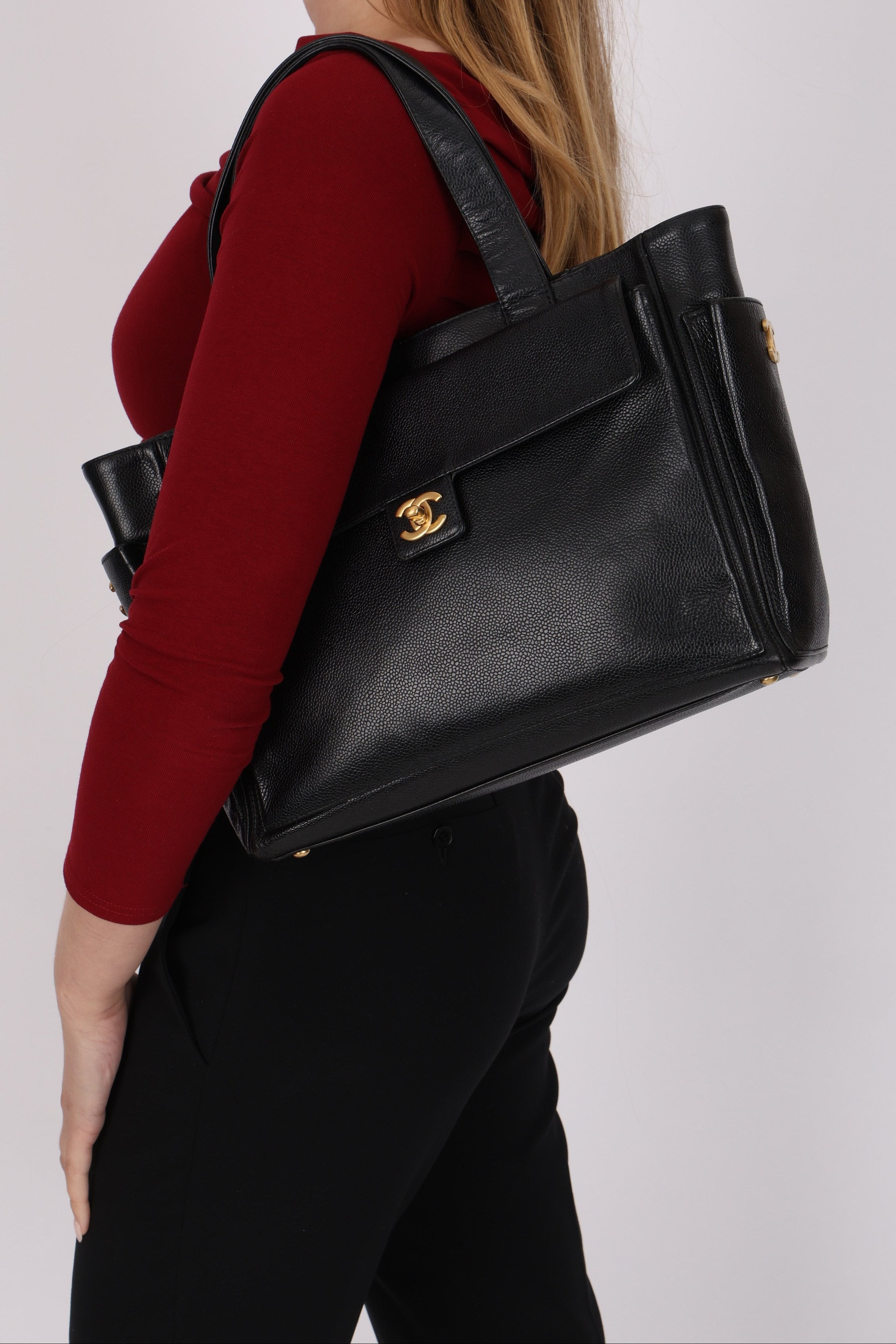 Chanel Turnlock Front Pocket Tote Black Caviar AGHW