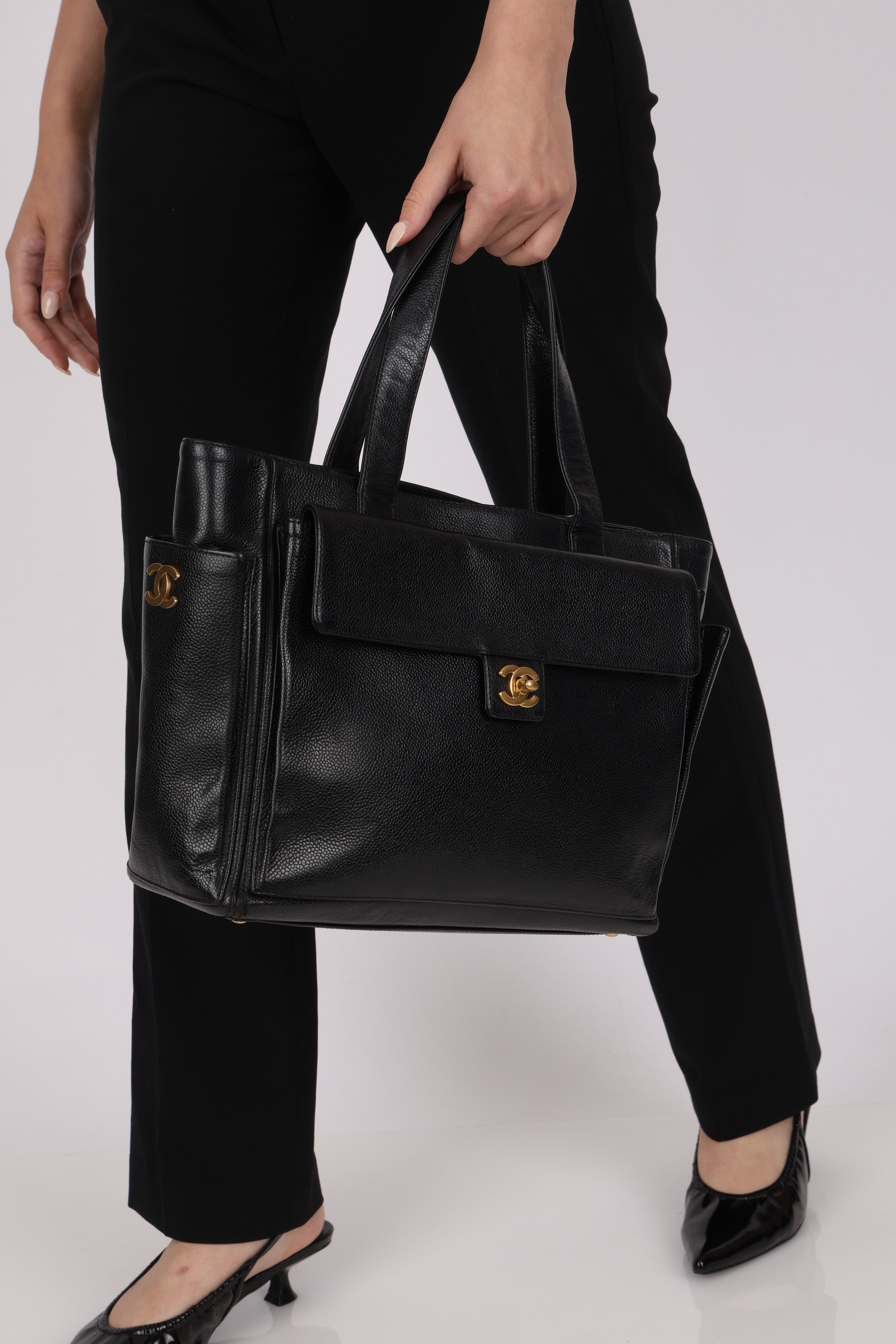 Chanel Turnlock Front Pocket Tote Black Caviar AGHW