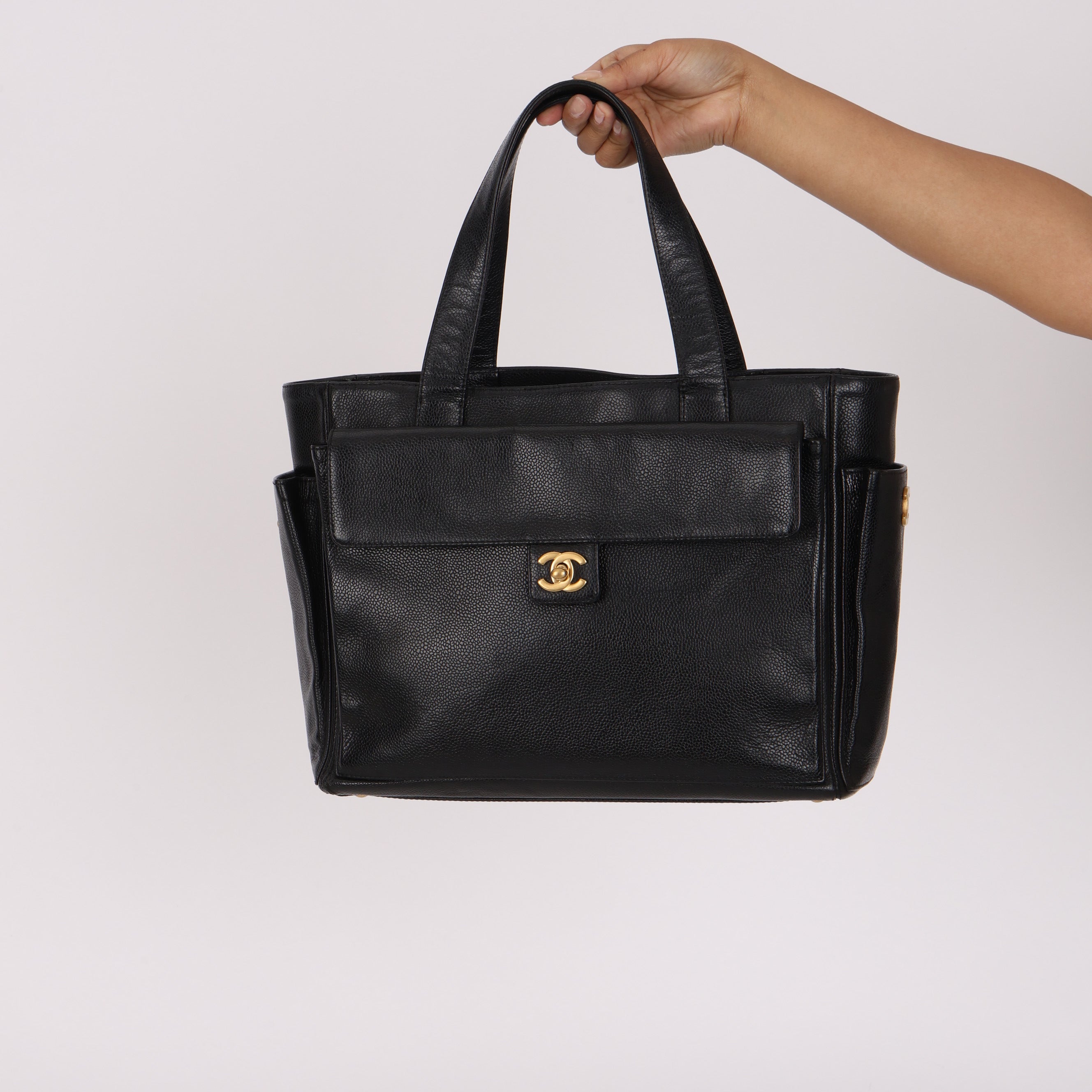 Chanel Turnlock Front Pocket Tote Black Caviar AGHW