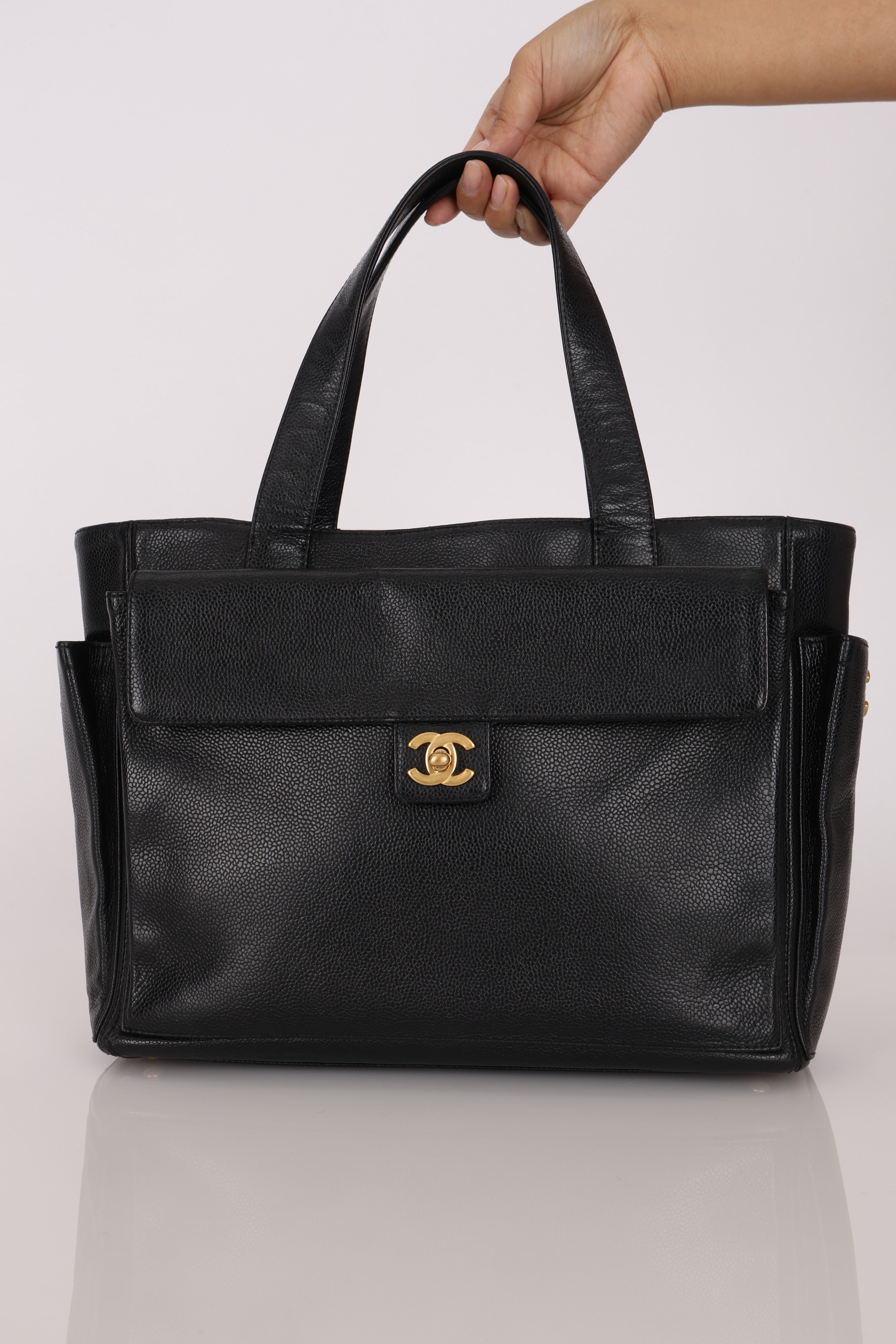 Chanel Turnlock Front Pocket Tote Black Caviar AGHW