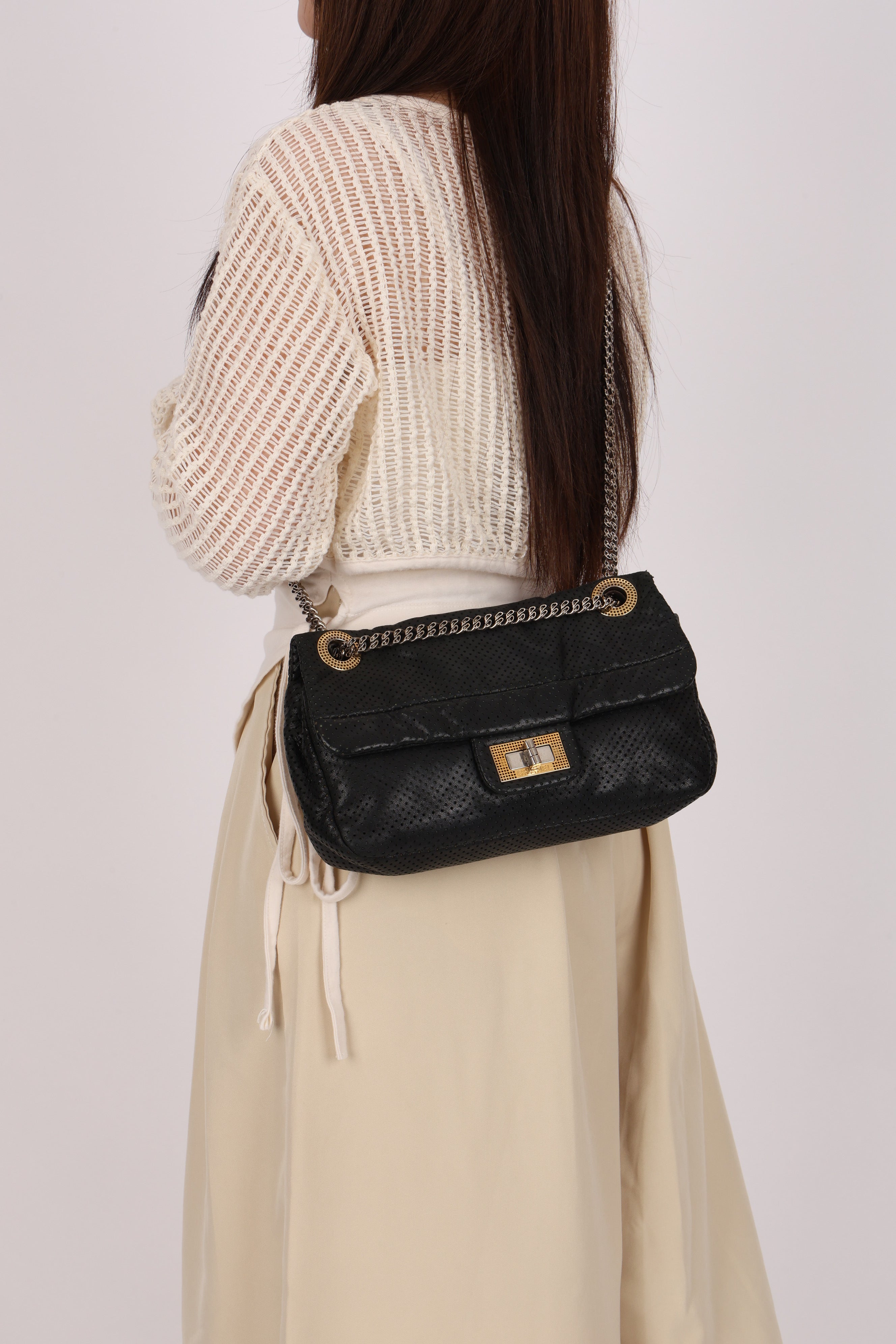 Chanel 2.55 Perforated Drill Single Flap Black Calfskin 2008 MMHW