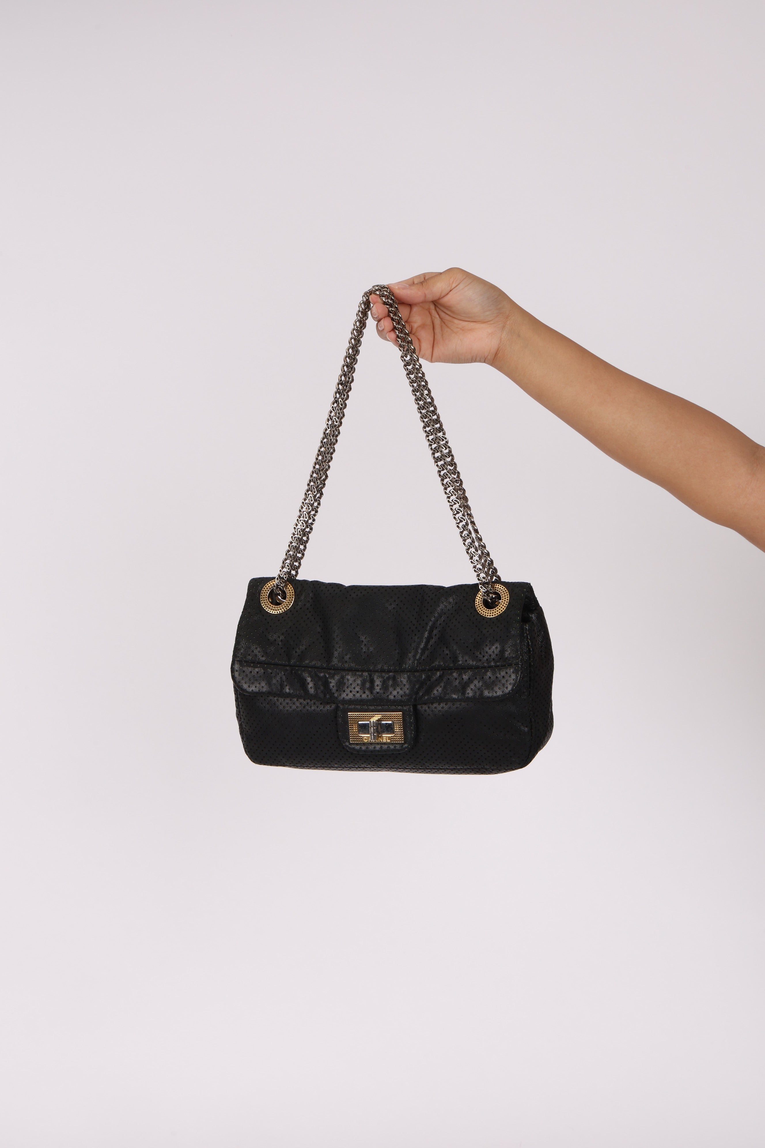 Chanel 2.55 Perforated Drill Single Flap Black Calfskin MMHW