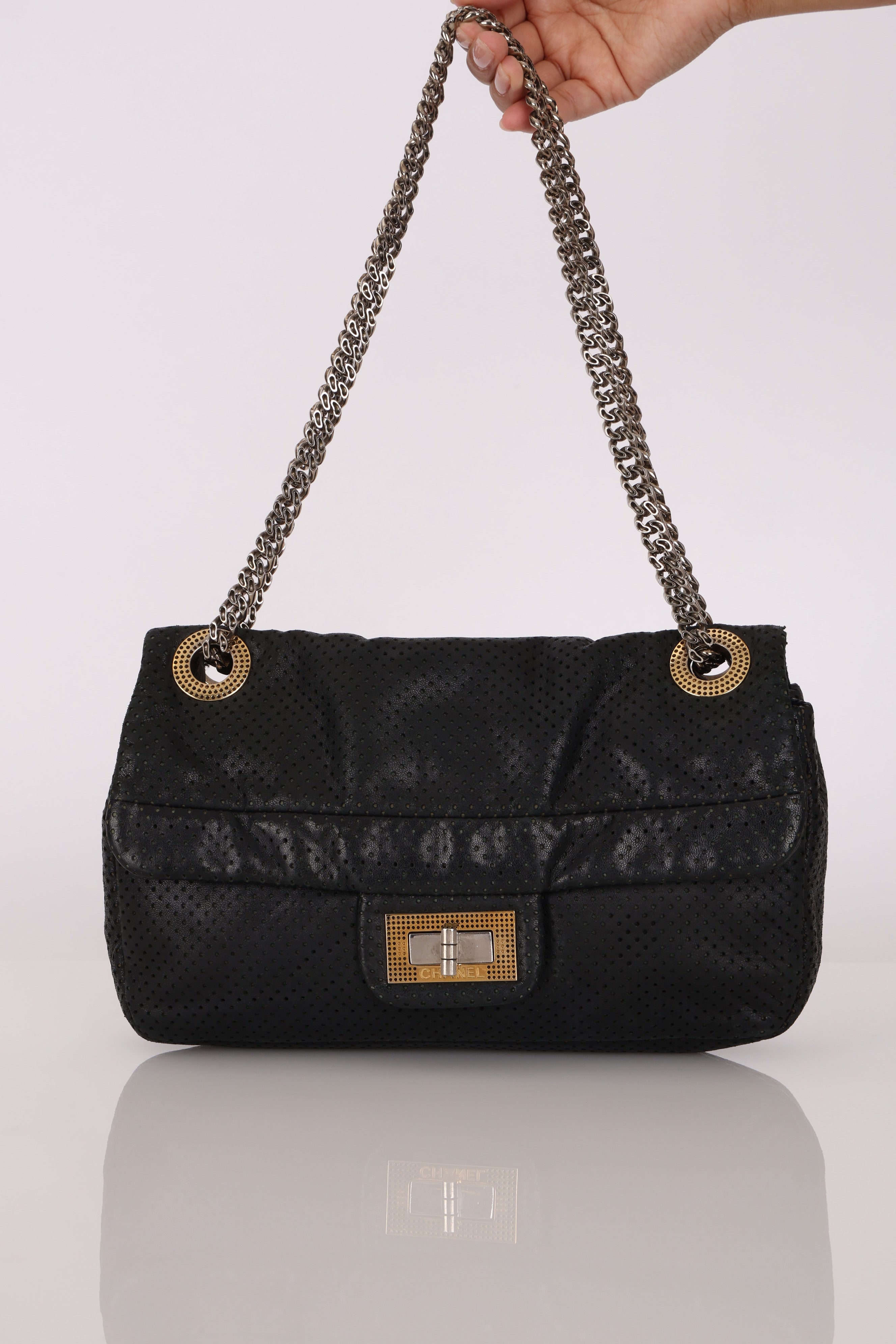 Chanel 2.55 Perforated Drill Single Flap Black Calfskin MMHW