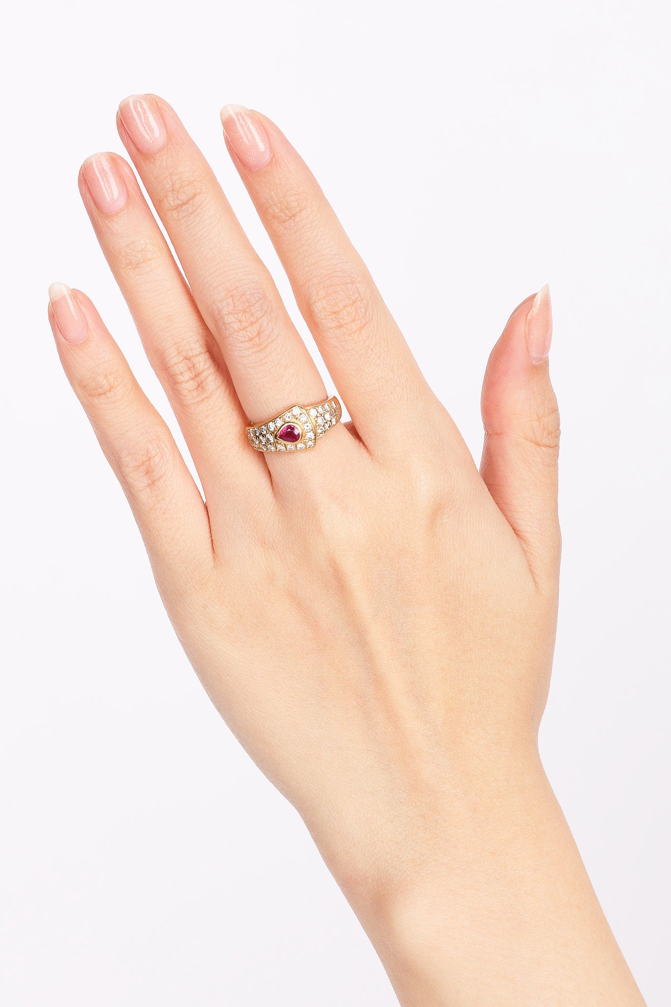 18K Yellow Gold Diamond and Ruby Sculptural Ring, Size US 4.25
