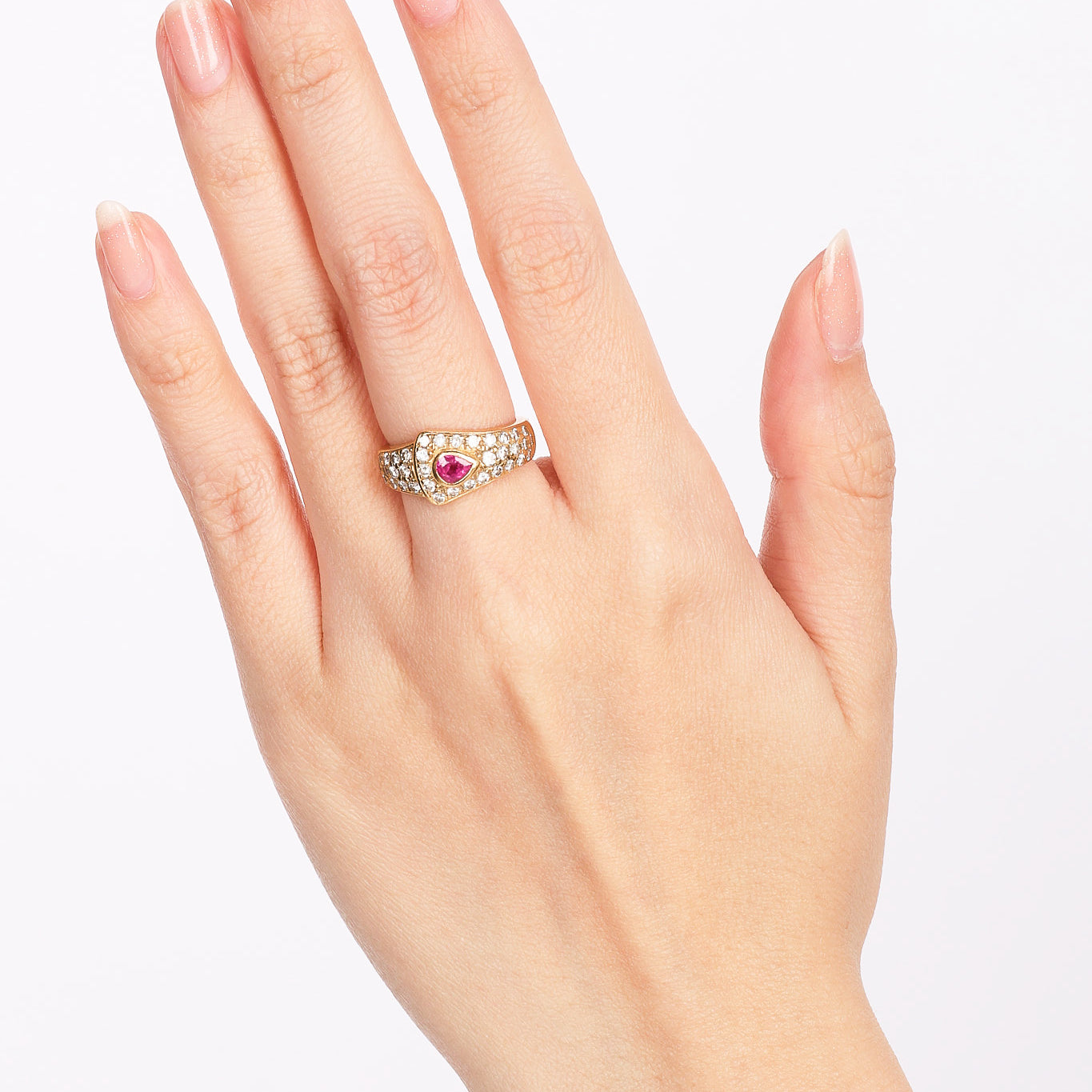 18K Yellow Gold Diamond and Ruby Sculptural Ring, Size US 4.25