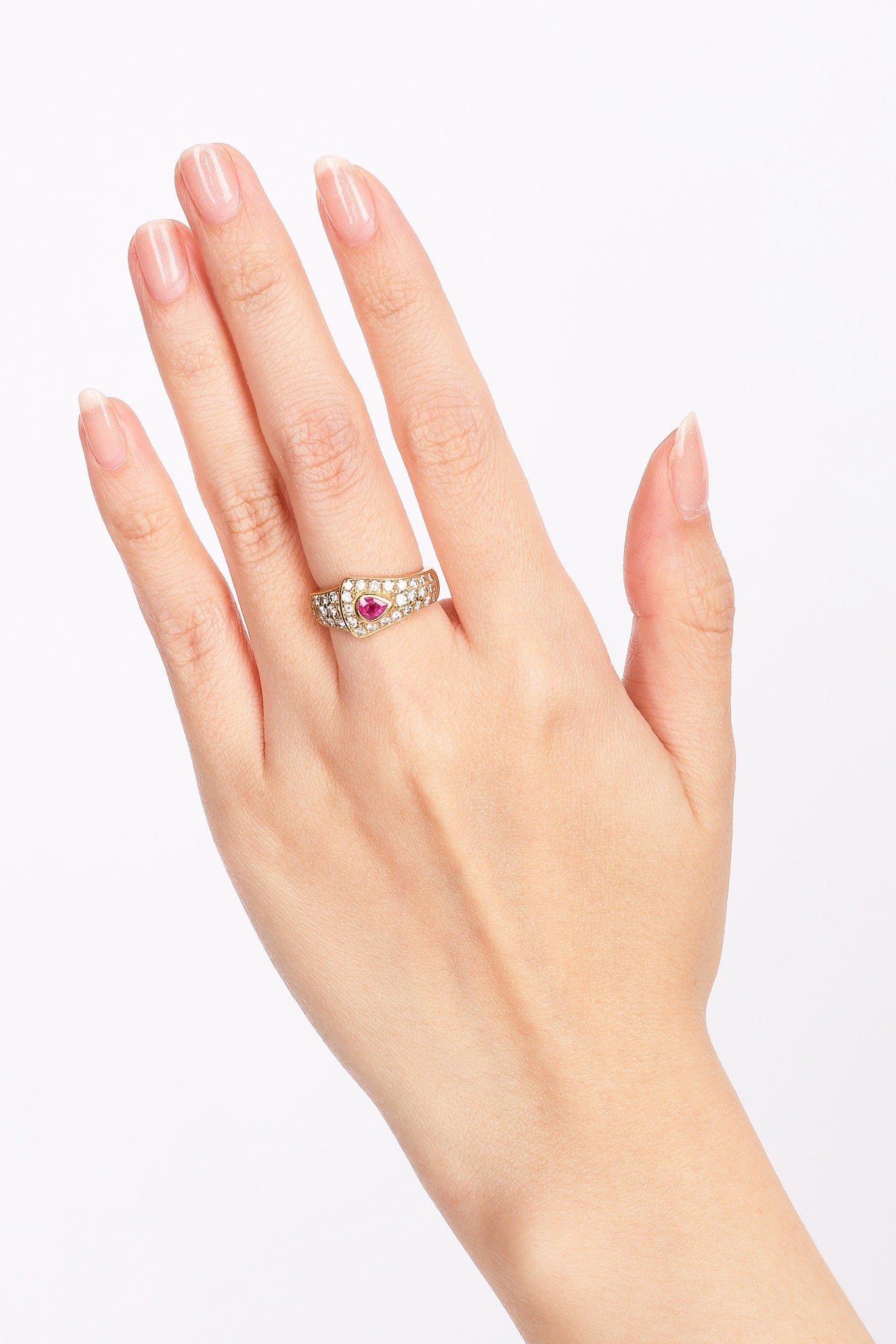 18K Yellow Gold Diamond and Ruby Sculptural Ring, Size US 4.25