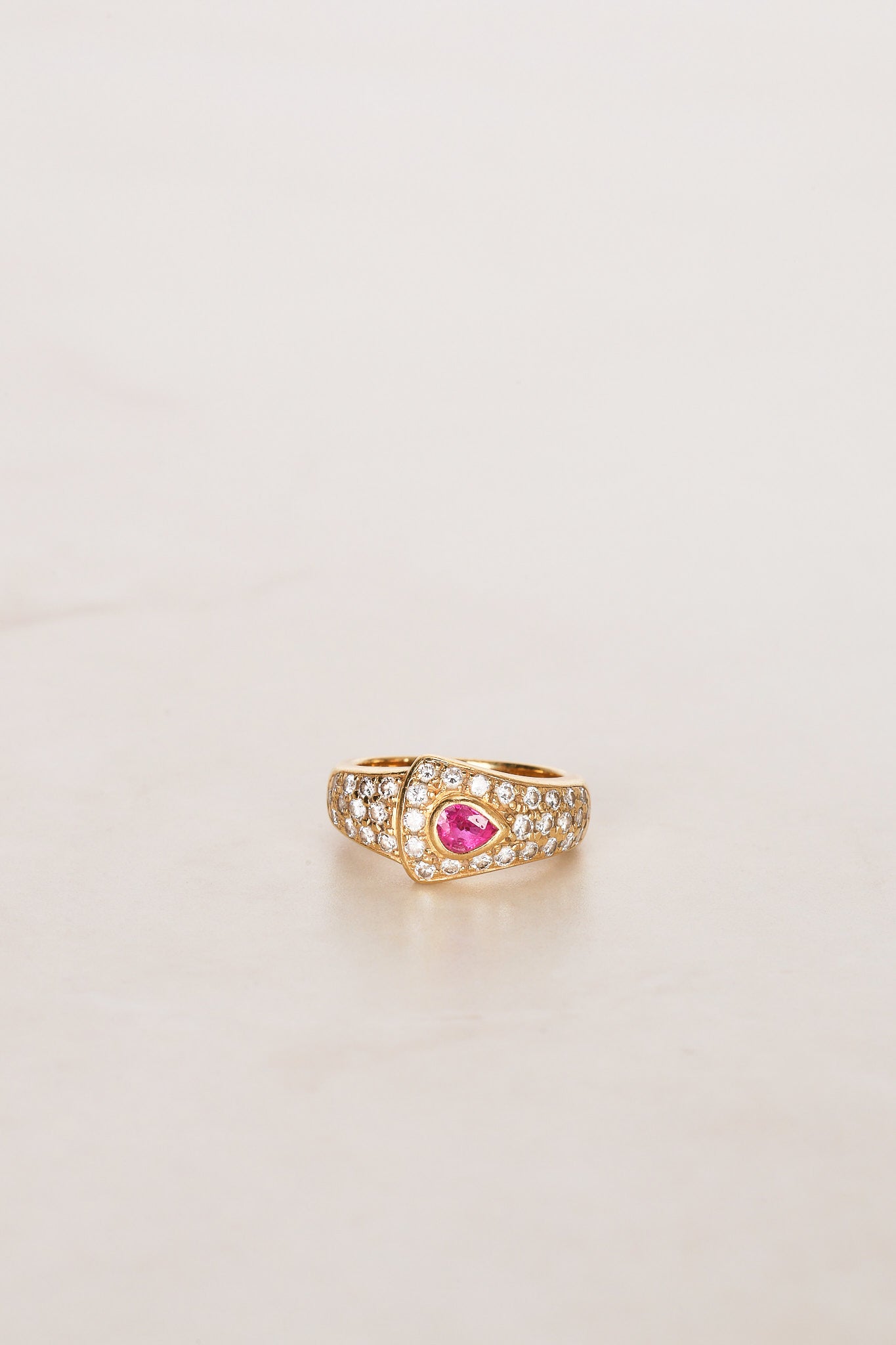 18K Yellow Gold Diamond and Ruby Sculptural Ring, Size US 4.25