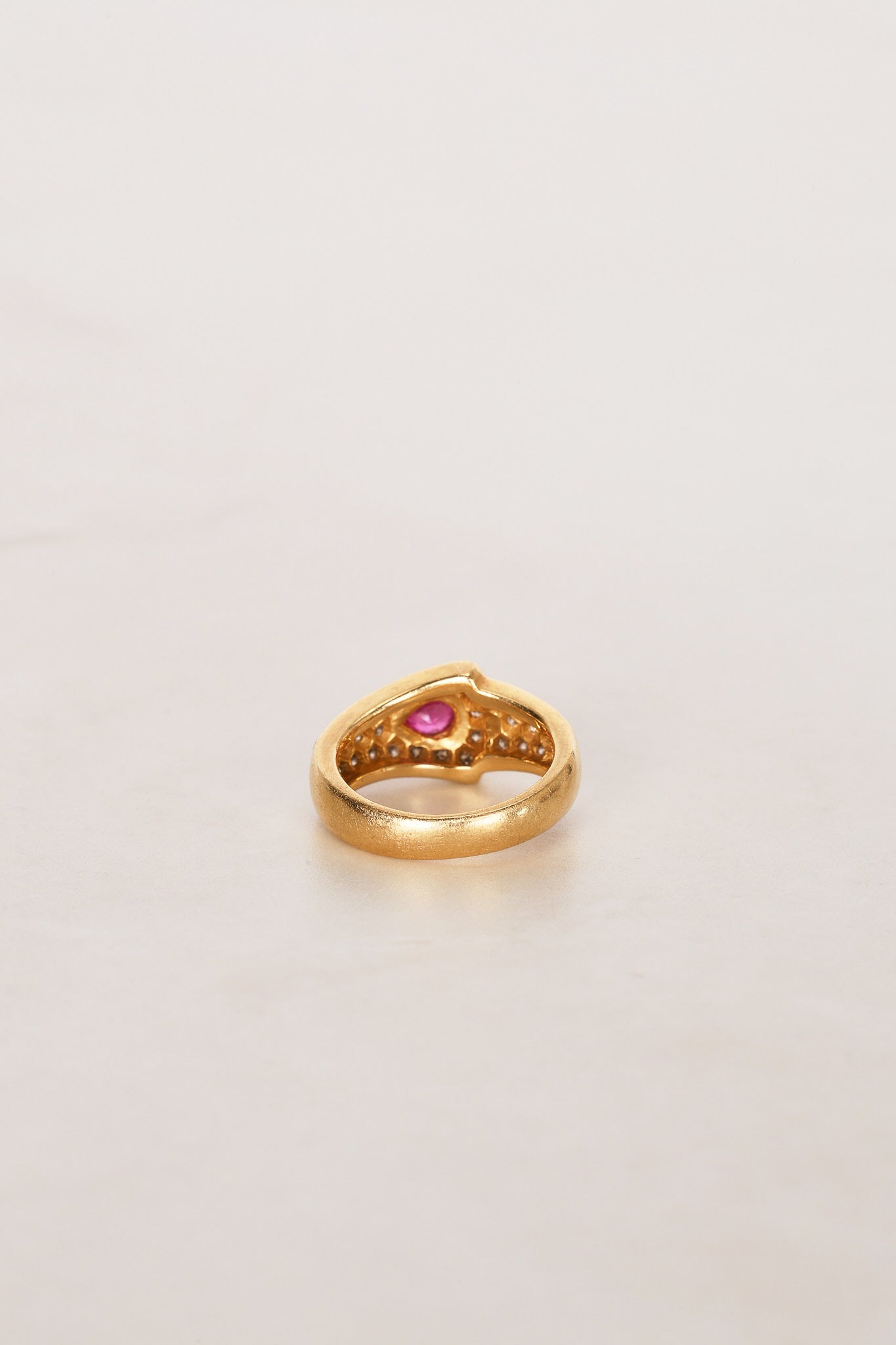 18K Yellow Gold Diamond and Ruby Sculptural Ring, Size US 4.25