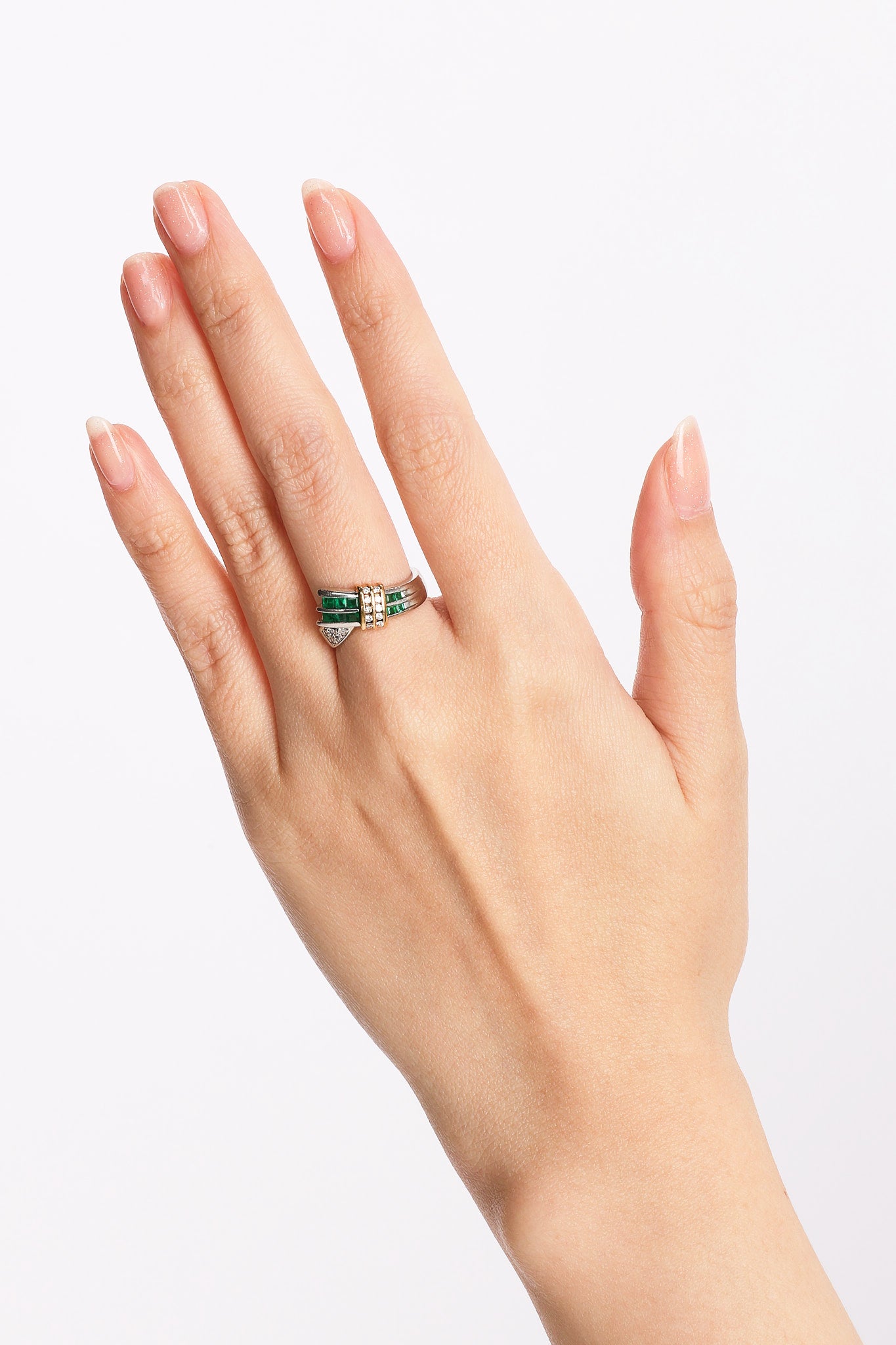 18K Yellow Gold and Pt900 Platinum Emerald and Diamond Crossover Ring, US Size 5
