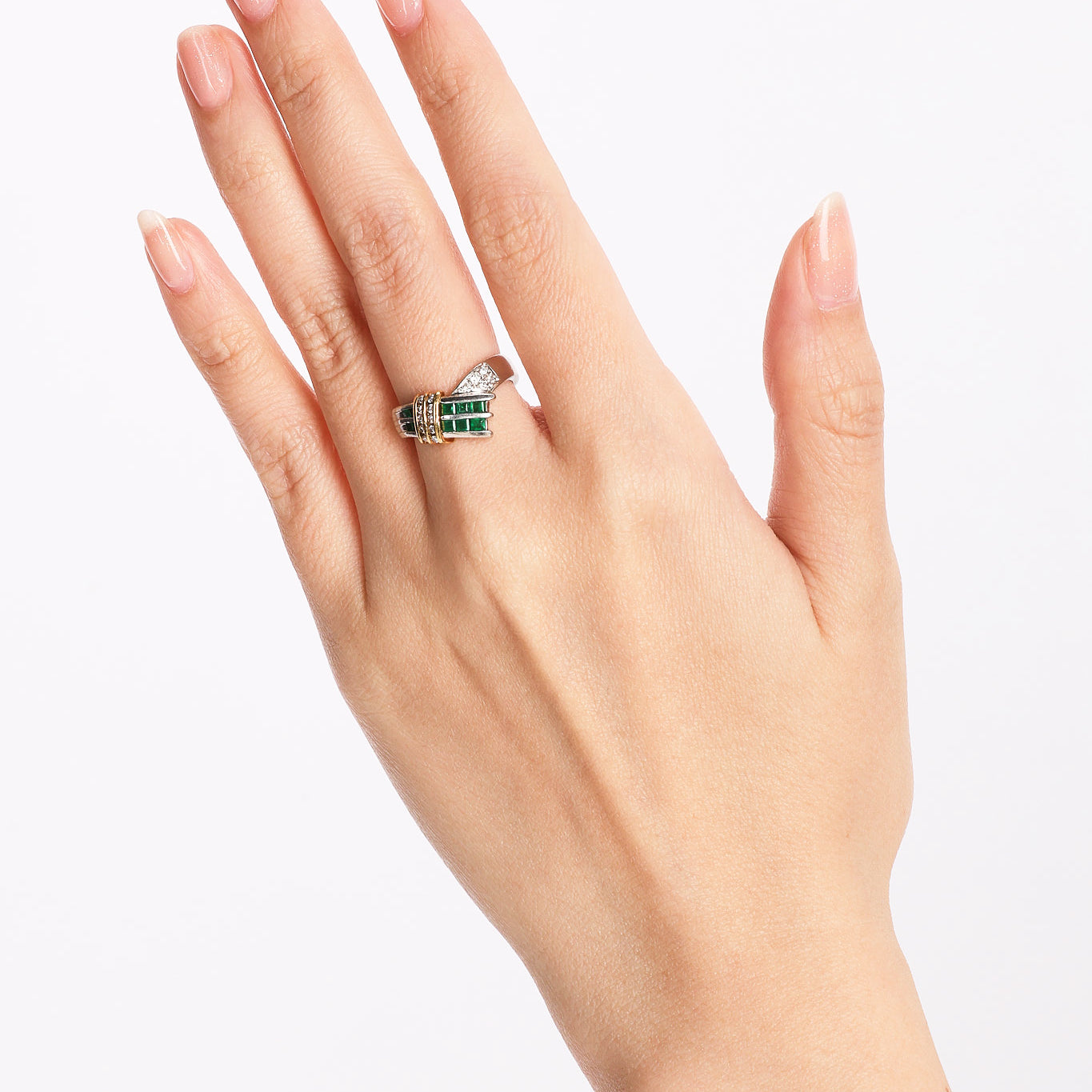 18K Yellow Gold and Pt900 Platinum Emerald and Diamond Crossover Ring, US Size 5