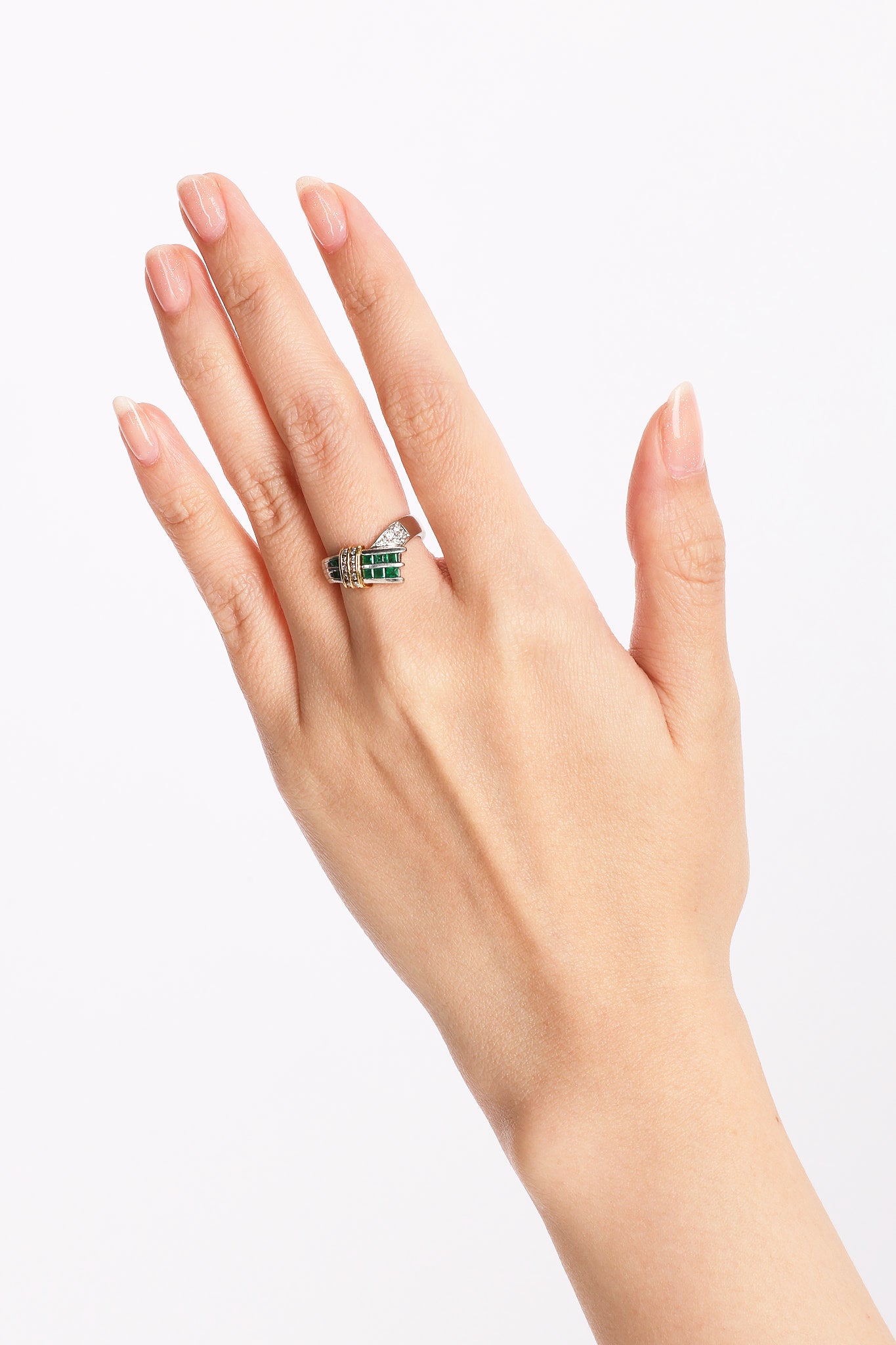 18K Yellow Gold and Pt900 Platinum Emerald and Diamond Crossover Ring, US Size 5