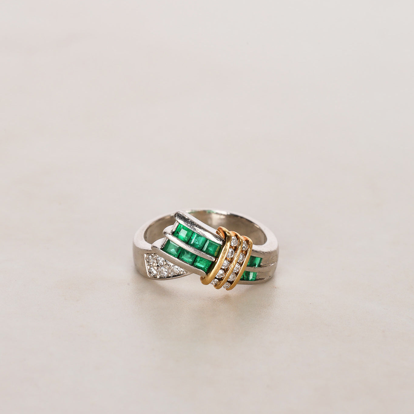 18K Yellow Gold and Pt900 Platinum Emerald and Diamond Crossover Ring, US Size 5
