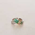 18K Yellow Gold and Pt900 Platinum Emerald and Diamond Crossover Ring, US Size 5