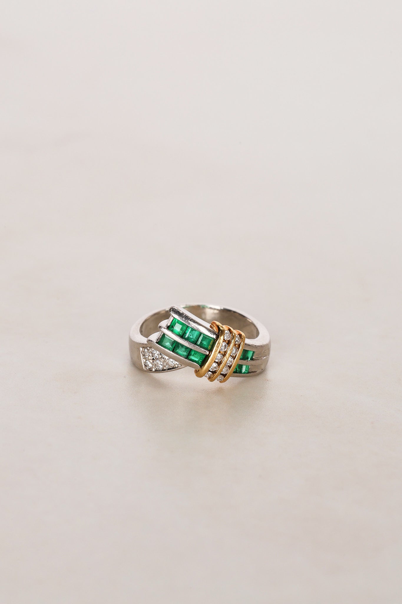 18K Yellow Gold and Pt900 Platinum Emerald and Diamond Crossover Ring, US Size 5