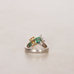 18K Yellow Gold and Pt900 Platinum Emerald and Diamond Crossover Ring, US Size 5