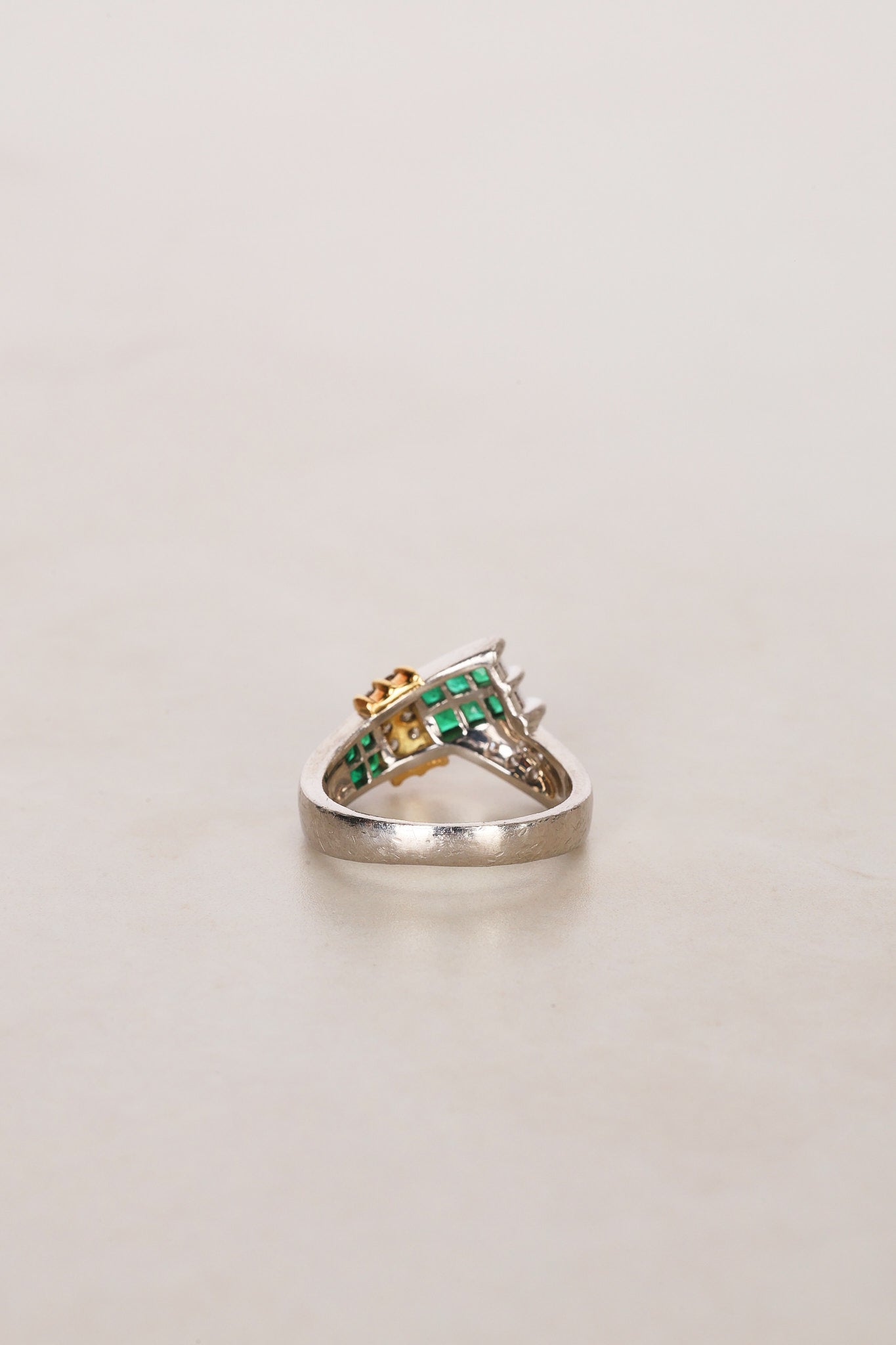 18K Yellow Gold and Pt900 Platinum Emerald and Diamond Crossover Ring, US Size 5