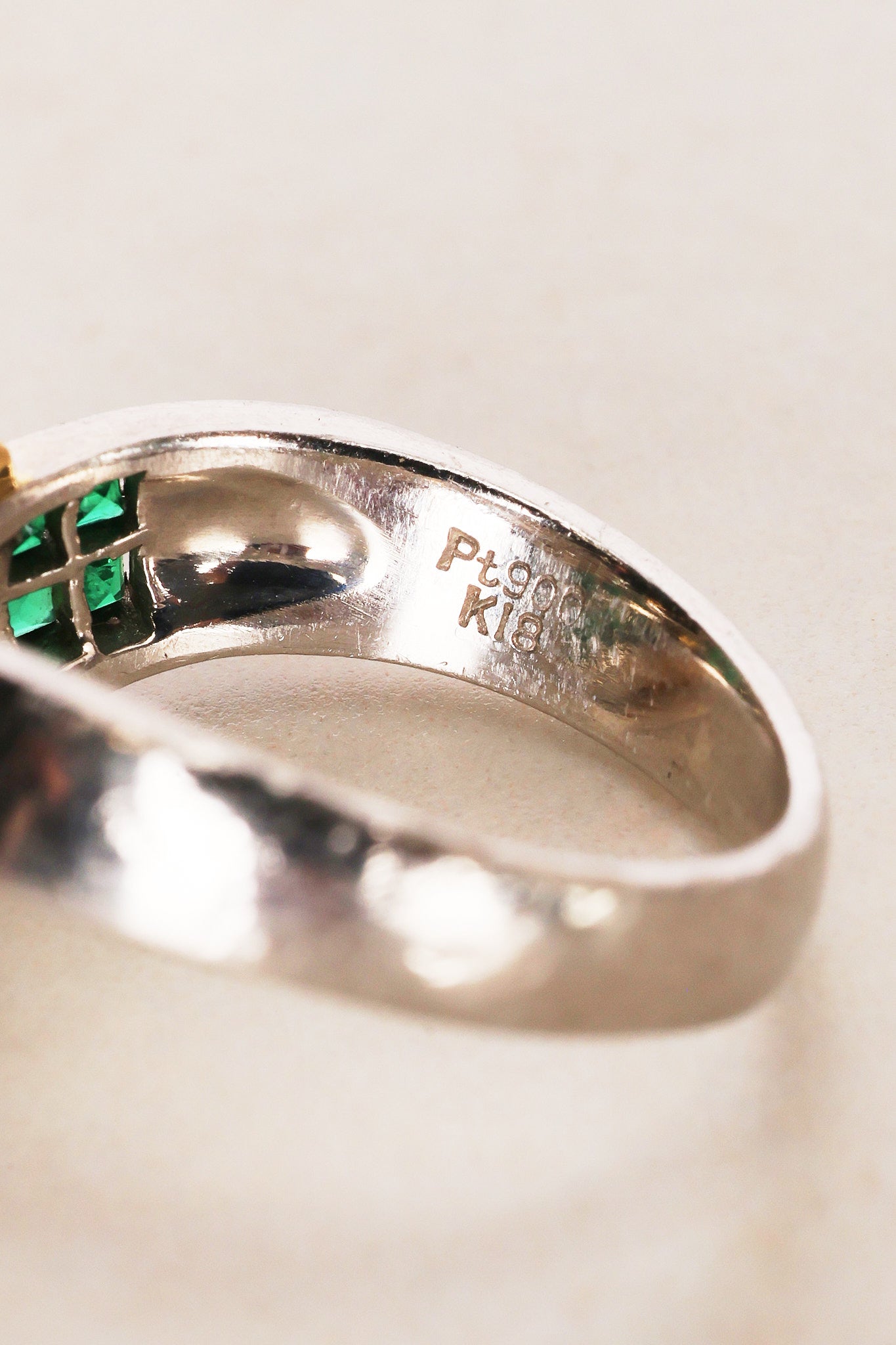 18K Yellow Gold and Pt900 Platinum Emerald and Diamond Crossover Ring, US Size 5