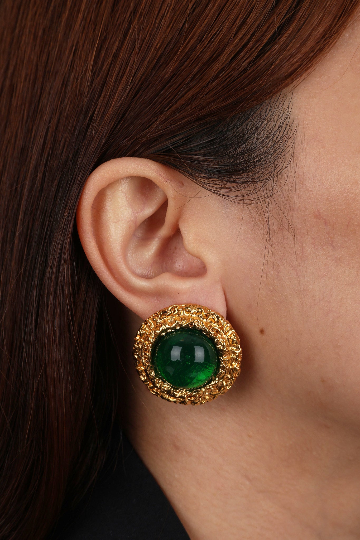 Chanel 1993 Autumn CC Emerald Orb Clip-On Earrings 24K GP