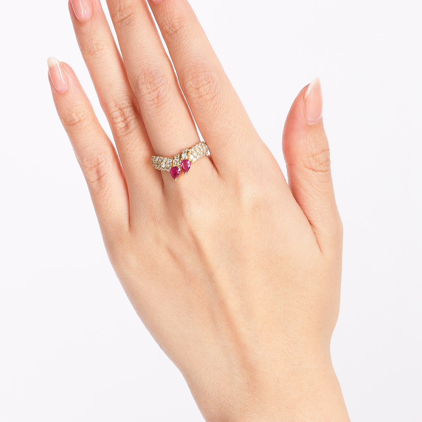 18K Yellow Gold Ruby & Diamond Crossover Ring, Size US 5.75 - Drop 37
