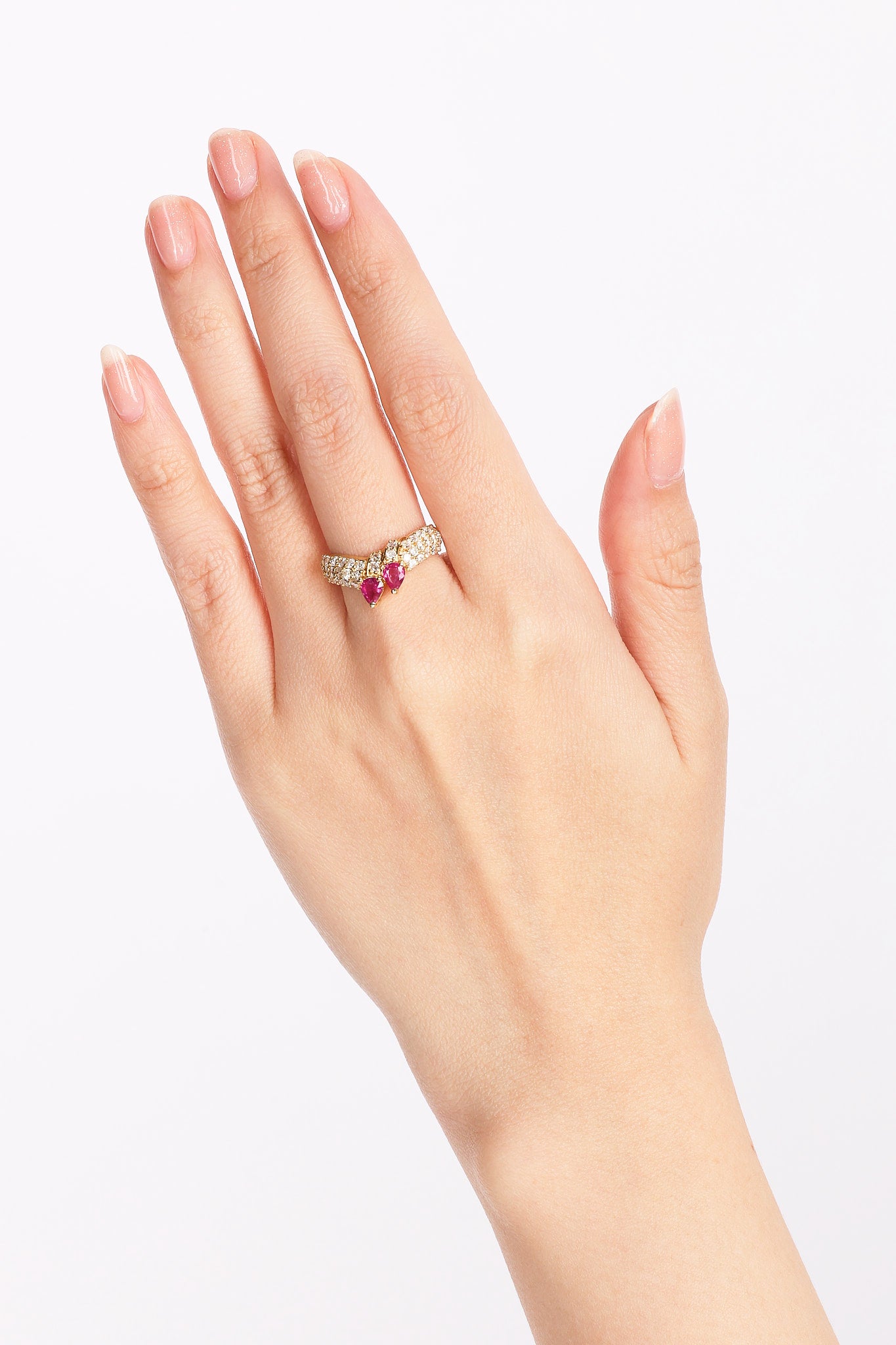 18K Yellow Gold Ruby & Diamond Crossover Ring, Size US 5.75 - Drop 37
