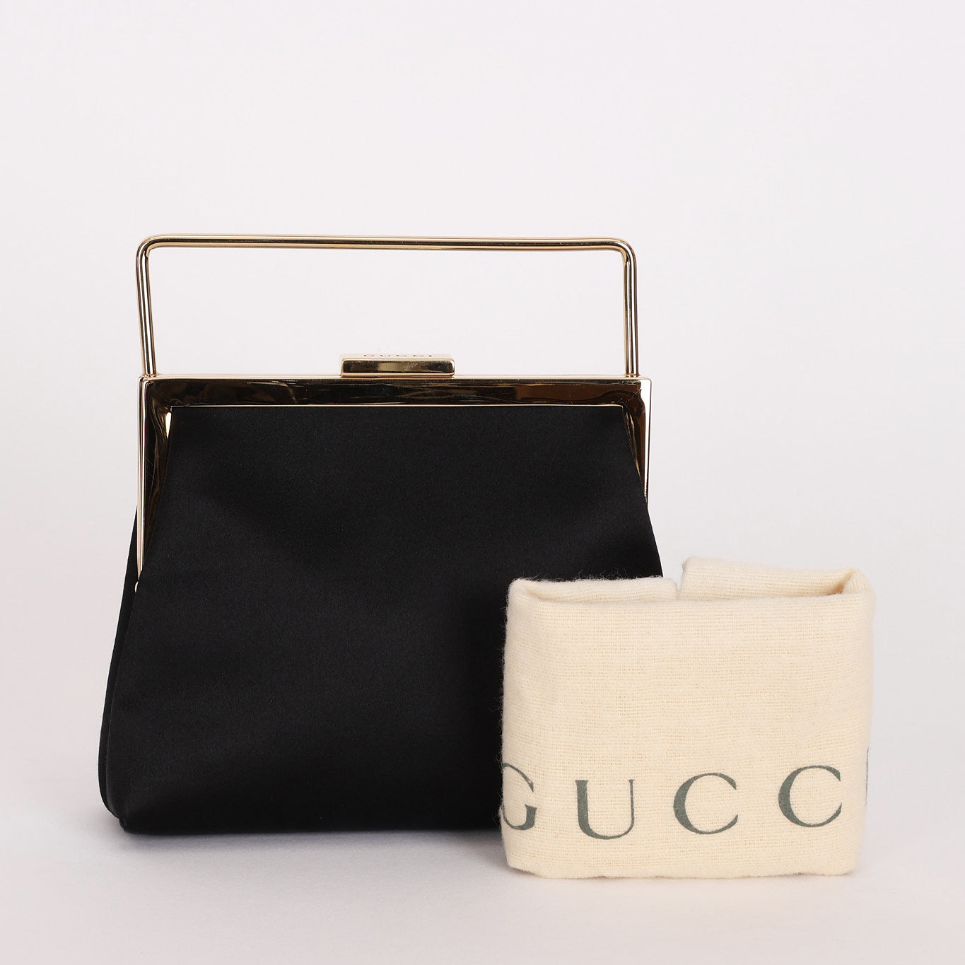 Gucci Kisslock Top Handle Clutch Black Satin