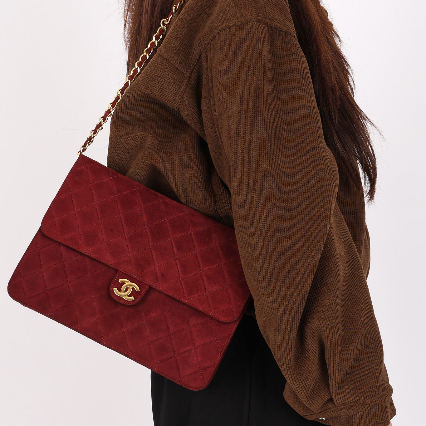 Chanel Push Pin Single Flap Bordeaux Suede 1980s 24K GP