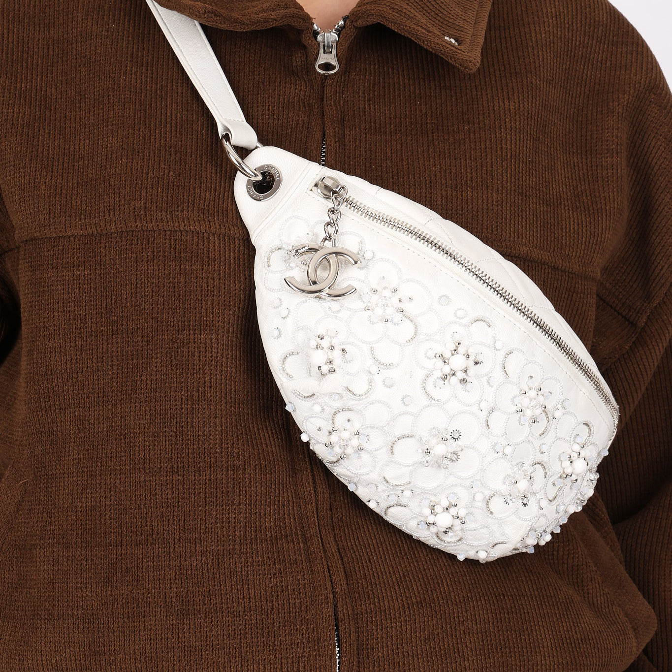 Chanel Camellia Embellished Belt Bag White Lambskin SHW