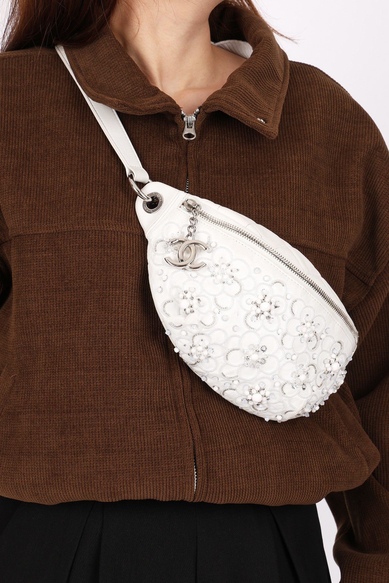 Chanel Camellia Embellished Belt Bag White Lambskin SHW